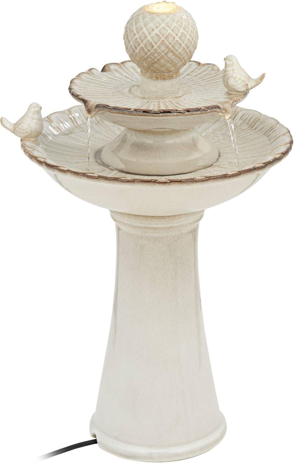 Cream Ceramic 2-Tier LED Outdoor Floor Fountain with Bird Statuette