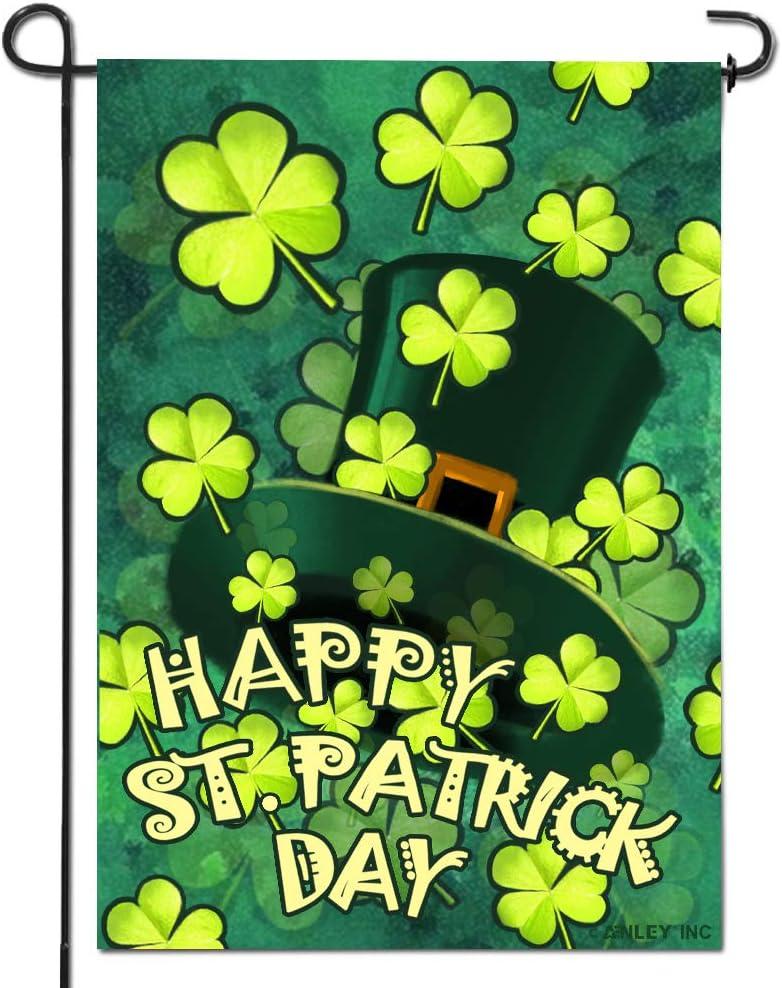 Happy St. Patrick's Day Green Hat and Clover Garden Flag