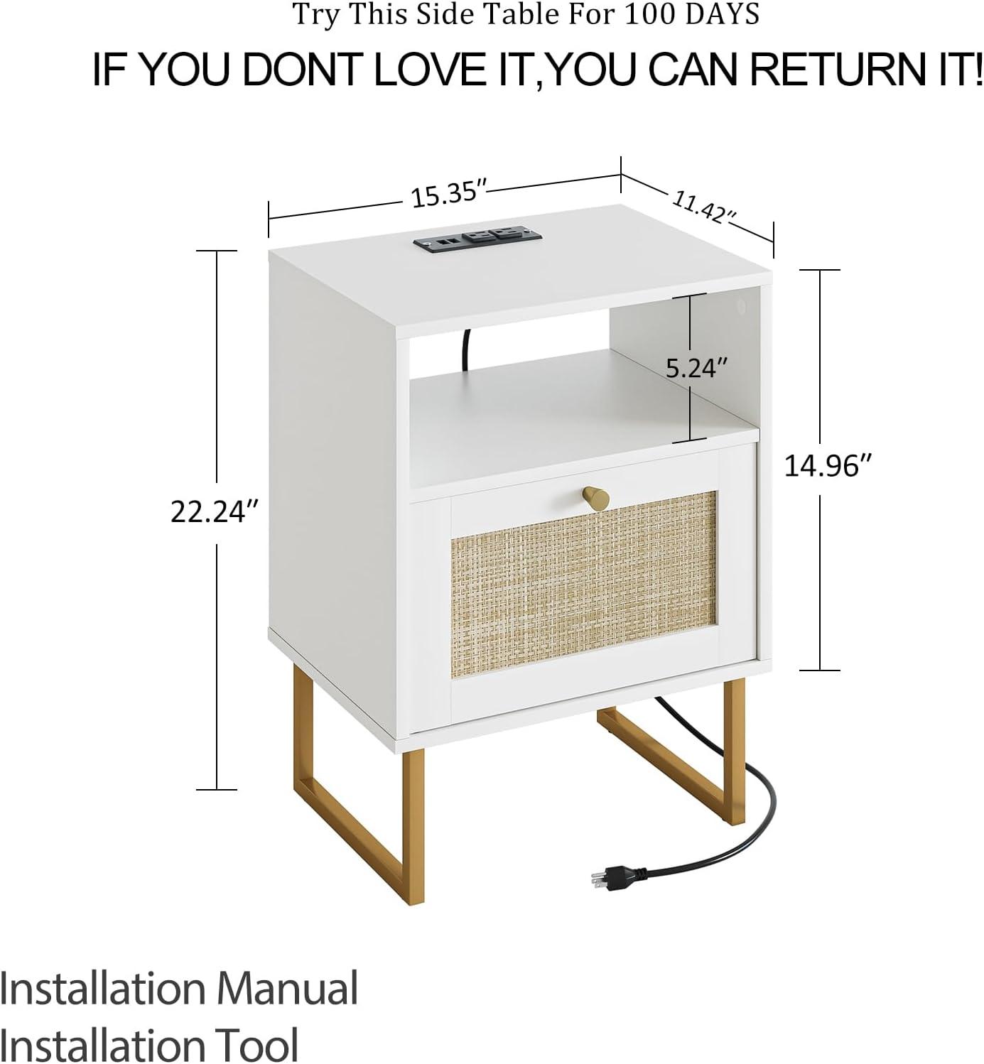 White and Gold Modern Rattan Nightstand with Drawer