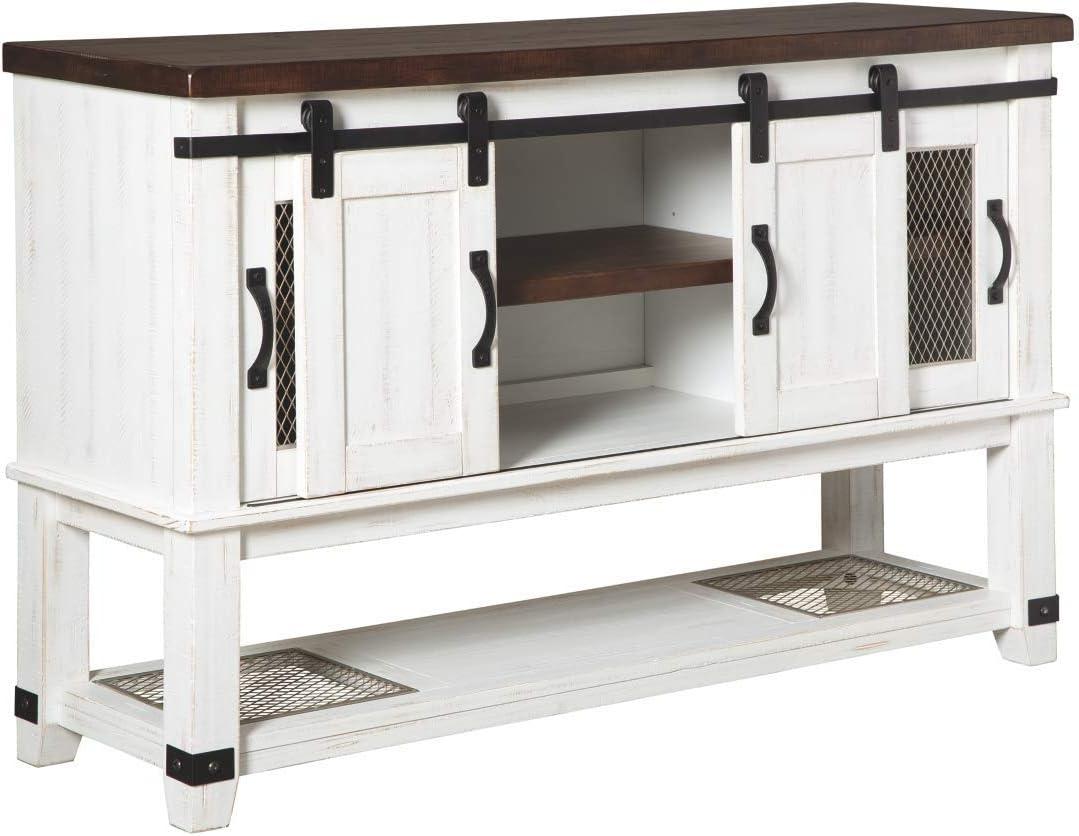 Signature Design by Ashley Valebeck Dining Server White/Brown/Beige: Rustic Farmhouse Sideboard with Adjustable Shelves