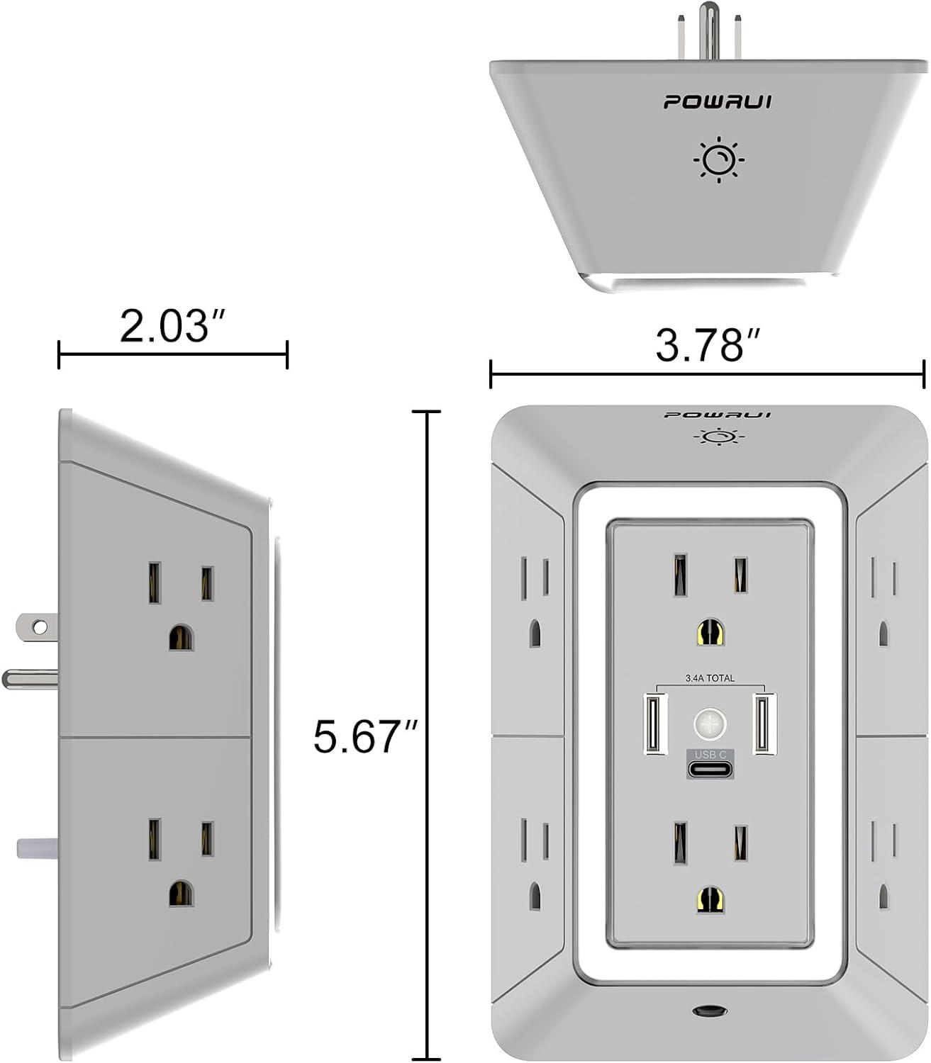 POWRUI Power Strip Surge Protector - 6 AC Outlets With 3 USB Ports (1 USB C), Night Light, 3-Sided Multi Plug Wall Extender With Spaced Outlets - Grey, ETL Listed