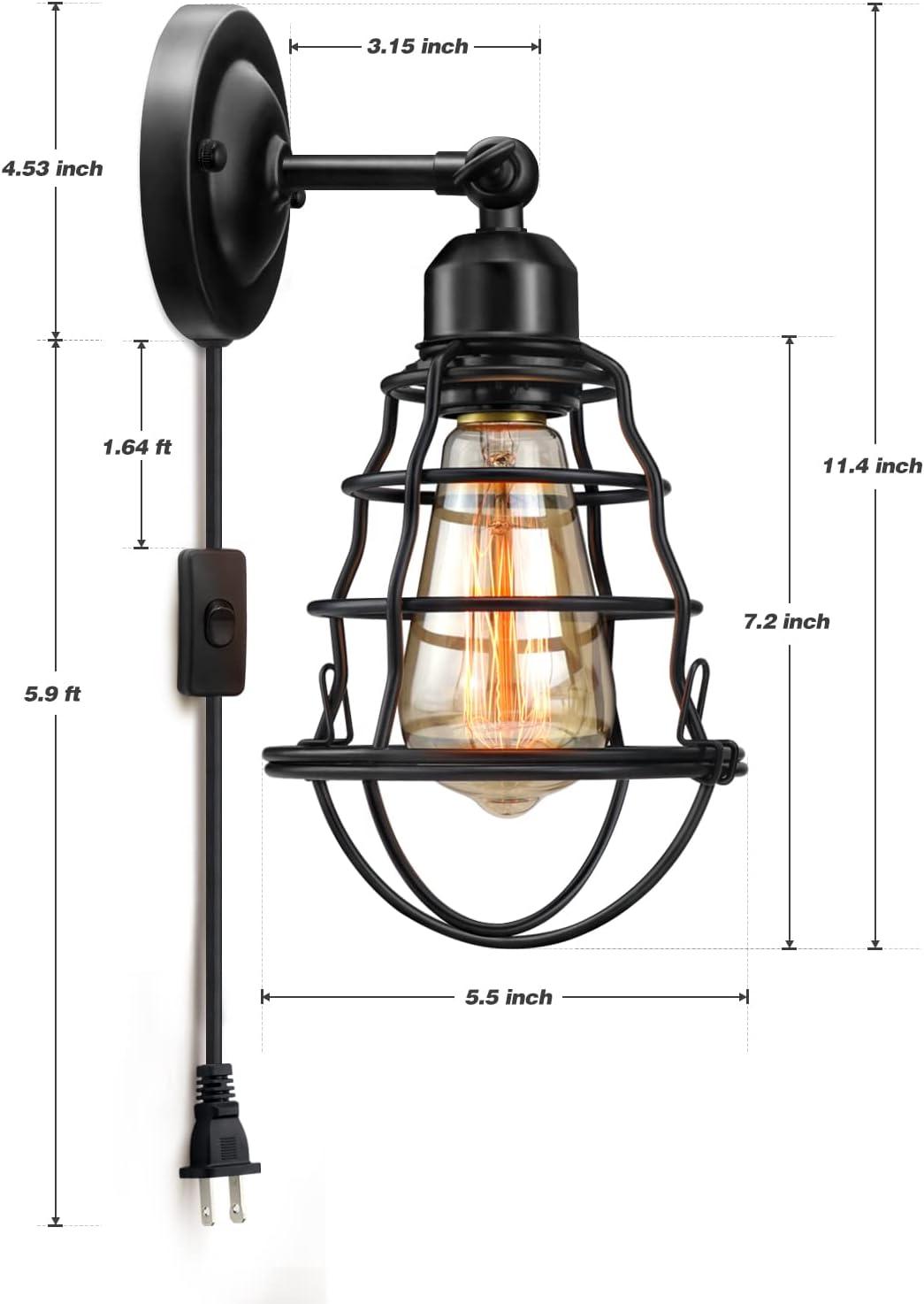 Black Industrial Wire Cage Plug-In Wall Sconces Set