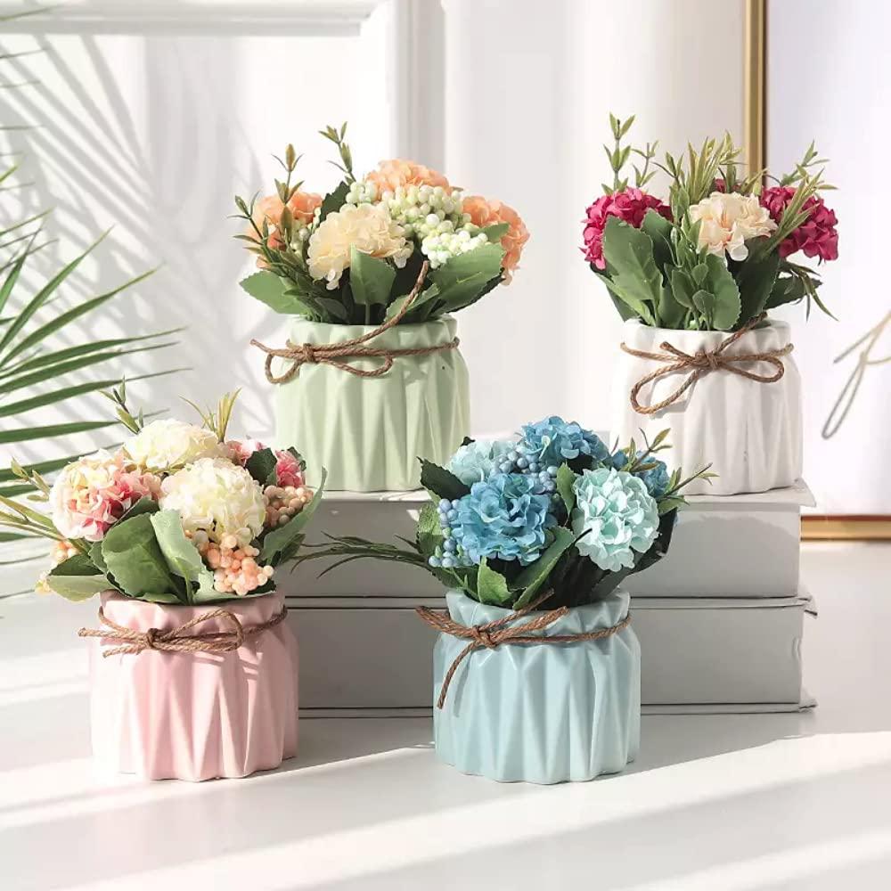 Artificial potted flowers, small ceramic vases fake flower plants for home and office interior tabletop decoration, artificial flower hydrangeas - Pink