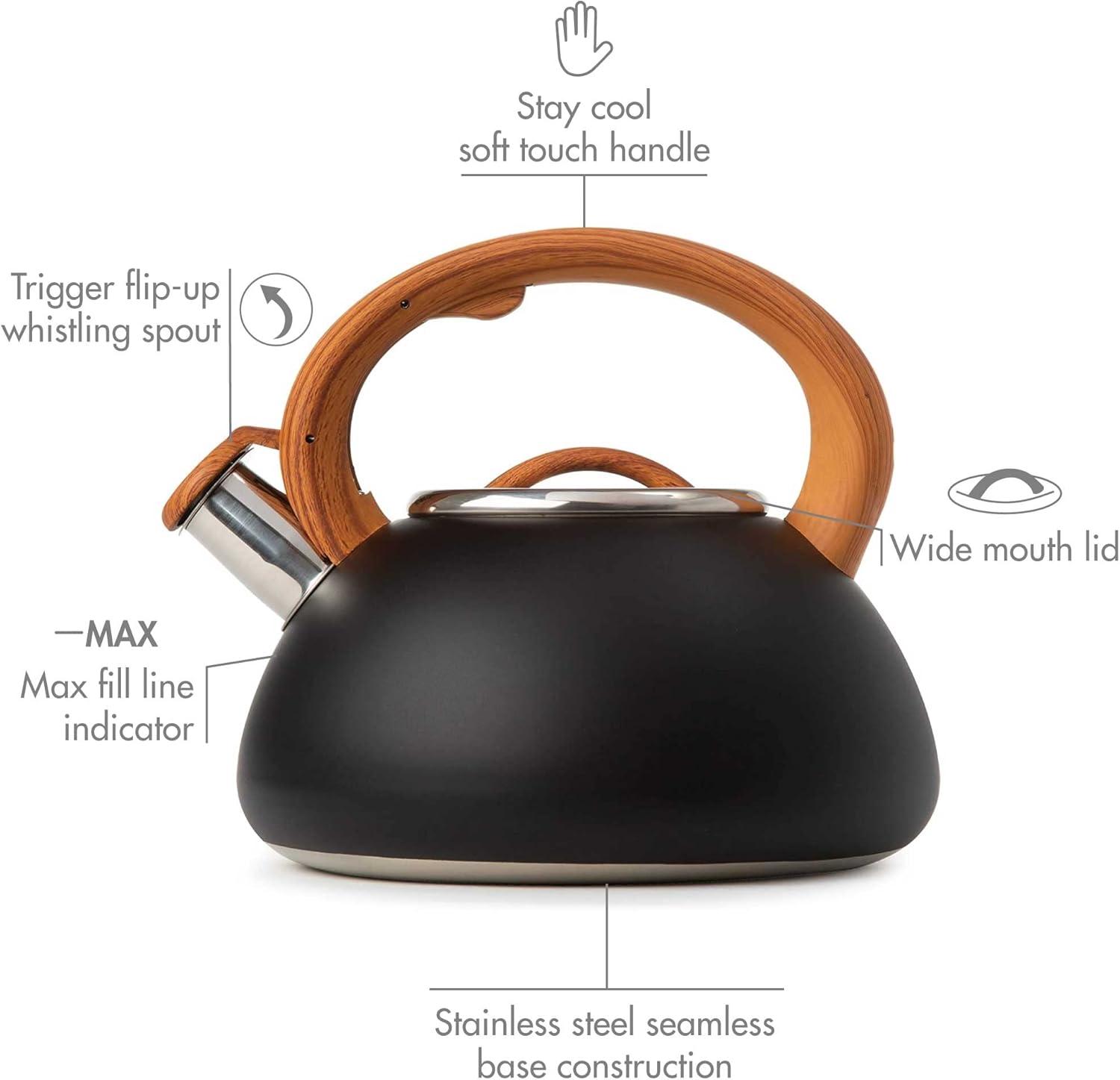 Matte Black and Wood Stainless Steel Whistling Tea Kettle