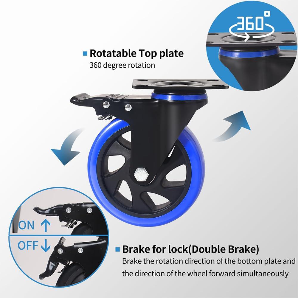 5 Inch Caster Wheels 2400Lbs, Castors Set of 4, Heavy Duty Casters with Brake, Safety Dual Locking Industrial Casters, No Noise Wheels with Polyurethane Foam (Two Hardware Kits Included)