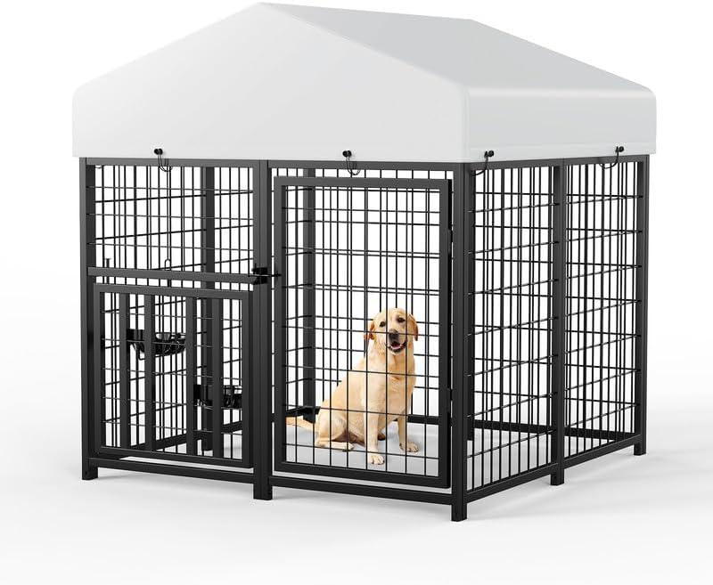 LOVMOR Large Dog Kennel Outdoor Pet Pens Dogs Run Enclosure Animal Hutch Metal Coop Fence with Rotating Bowl