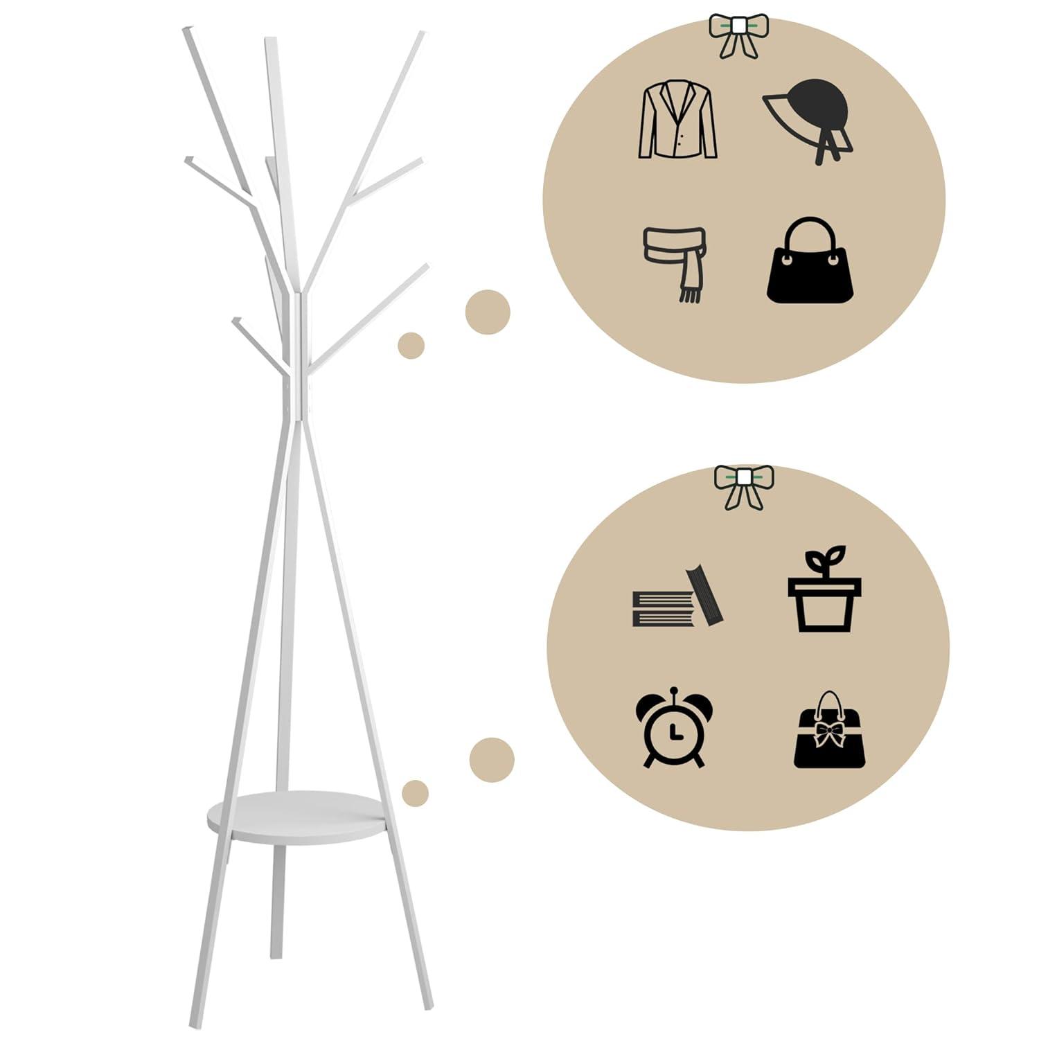 HOME BI Coat Rack Hat Stand Free Standing Display Hall Tree Metal Hat Hanger Garment Storage Holder with 9 Hooks for Clothes Hats and Scarves in Black,17.72" Wx17.72 Dx70.87 H (White)