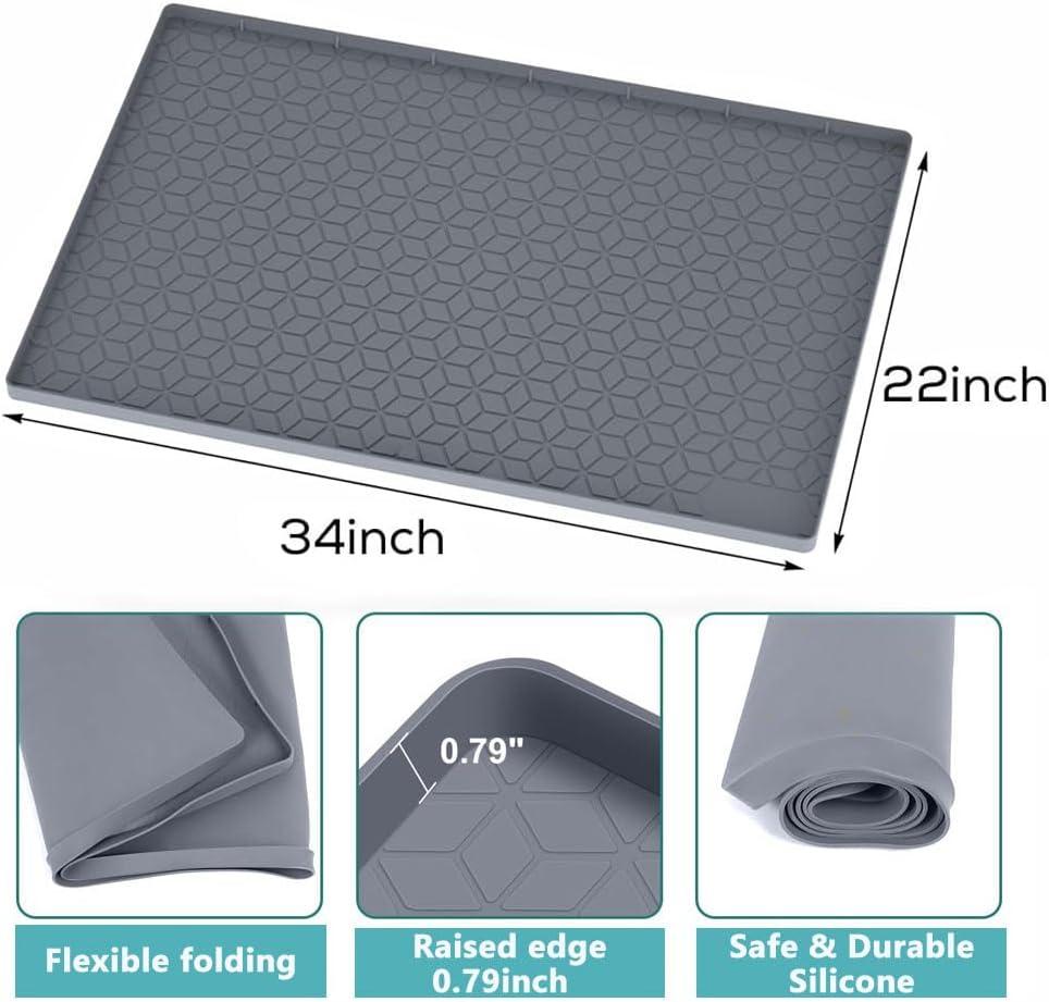 Under Sink Mat, 34" x 22" Waterproof Silicone Under Sink Tray for Kitchen & Laundry Cabinets, Kitchen Cabinet Shelf Protector, Up to 3.3 Gallons Liquid, Fits 36 inch Standard Cabinet (Grey)