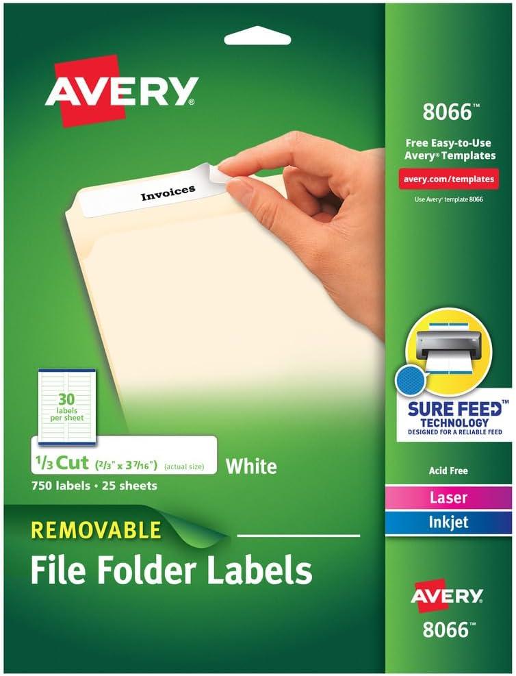 Avery Removable 1/3-Cut File Folder Labels Inkjet/Laser .66 x 3.44 White 750/PK 8066