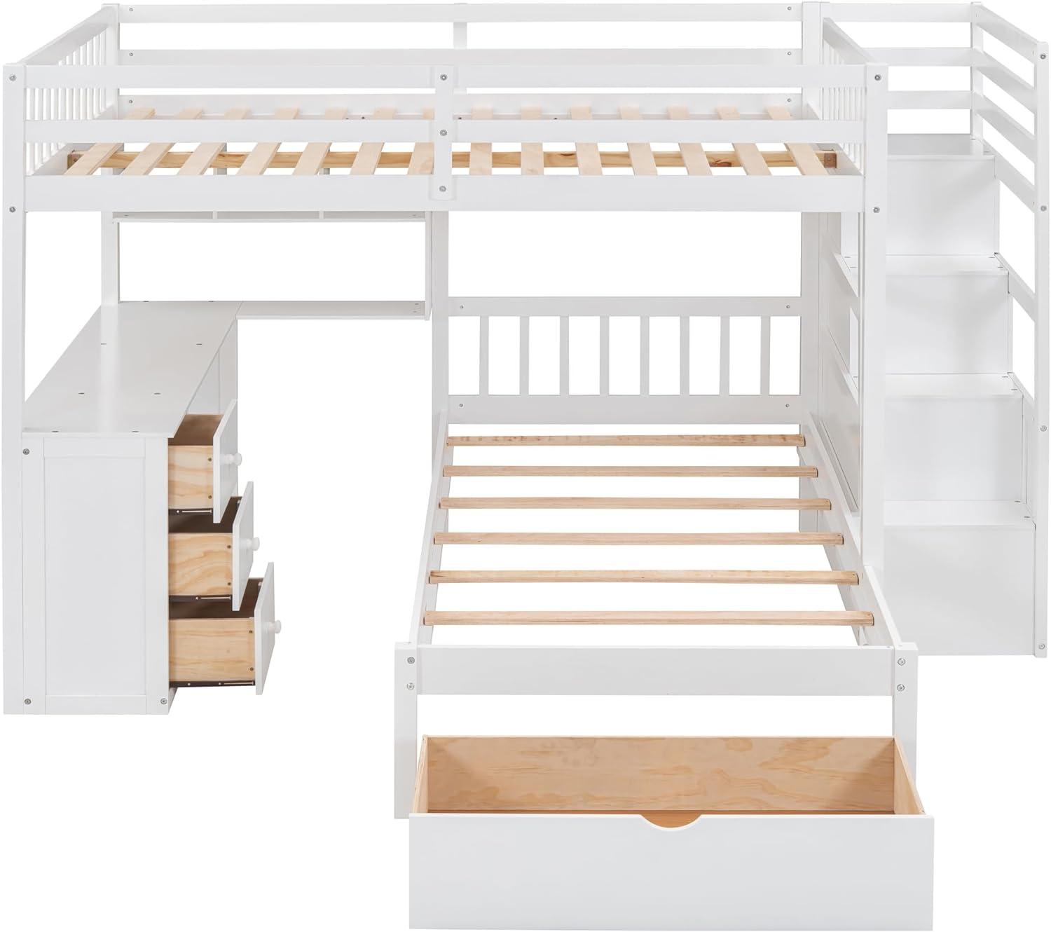 Harper & Bright Designs Full Over Twin Bunk Bed with Stairs, Storage Drawers, Full Size Loft Bed Frame with Desk and Shelves, White
