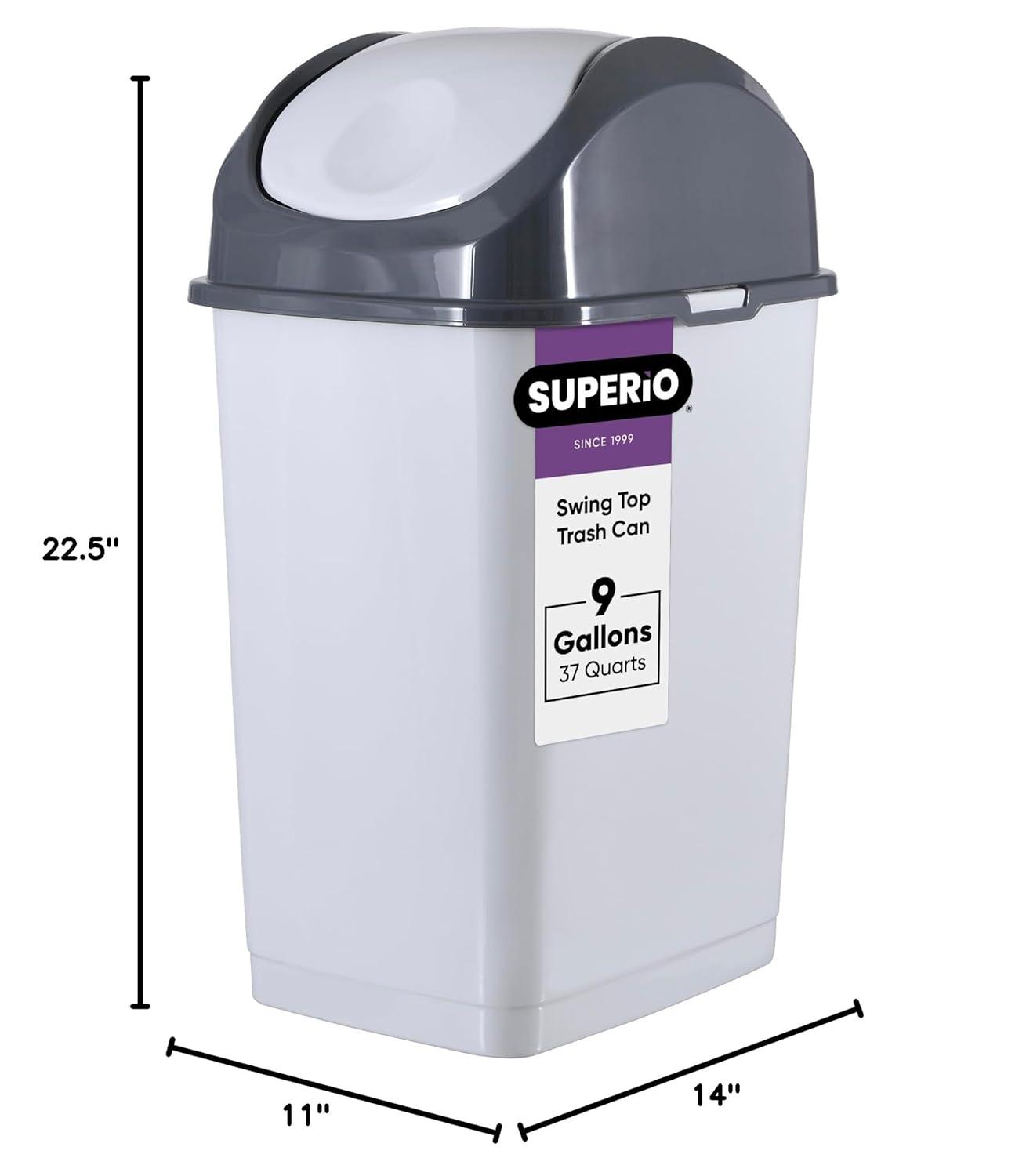 Superio Kitchen Trash Can with Swing Top Lid 9 Gallon Slim Waste Bin 37 Qt Durable Plastic, Fit Small Spaces, Office, Bathroom, Under Counter (White Smoke-1 Pack)