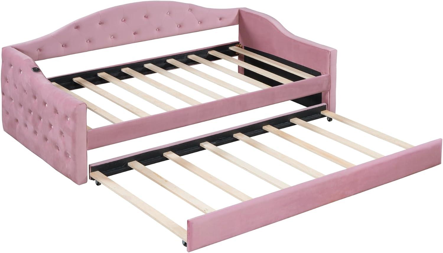 Twin Size Tufted Upholstered Daybed Bed Frame for Boys Girls Kids Adults Toddler with Trundle,Velvet Sofabed with USB&Type-C Charging Ports,No Box-Spring Needed, Pink