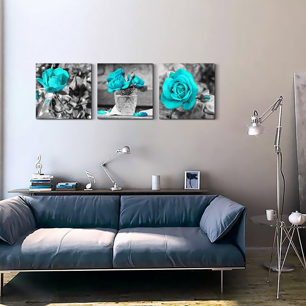 Canvas Wall Art For Bedroom Wall Decor For Living Room Black And White Wall Paintings Blue Rose Flowers Pictures Watercolor Giclee Canvas Prints Ready To Hang Room For Girls Home Decoration 3 Piece