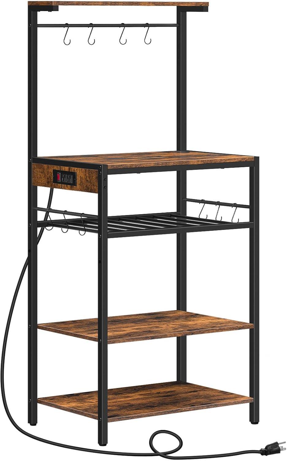 HOOBRO Kitchen Bakers Rack with Power Outlet, 5-Tier Coffee Bar with Adjustable Wine Rack, Microwave Stand with 10 S-Shaped Hooks, Kitchen Storage Shelf Rack, Rustic Brown BF60UHB01