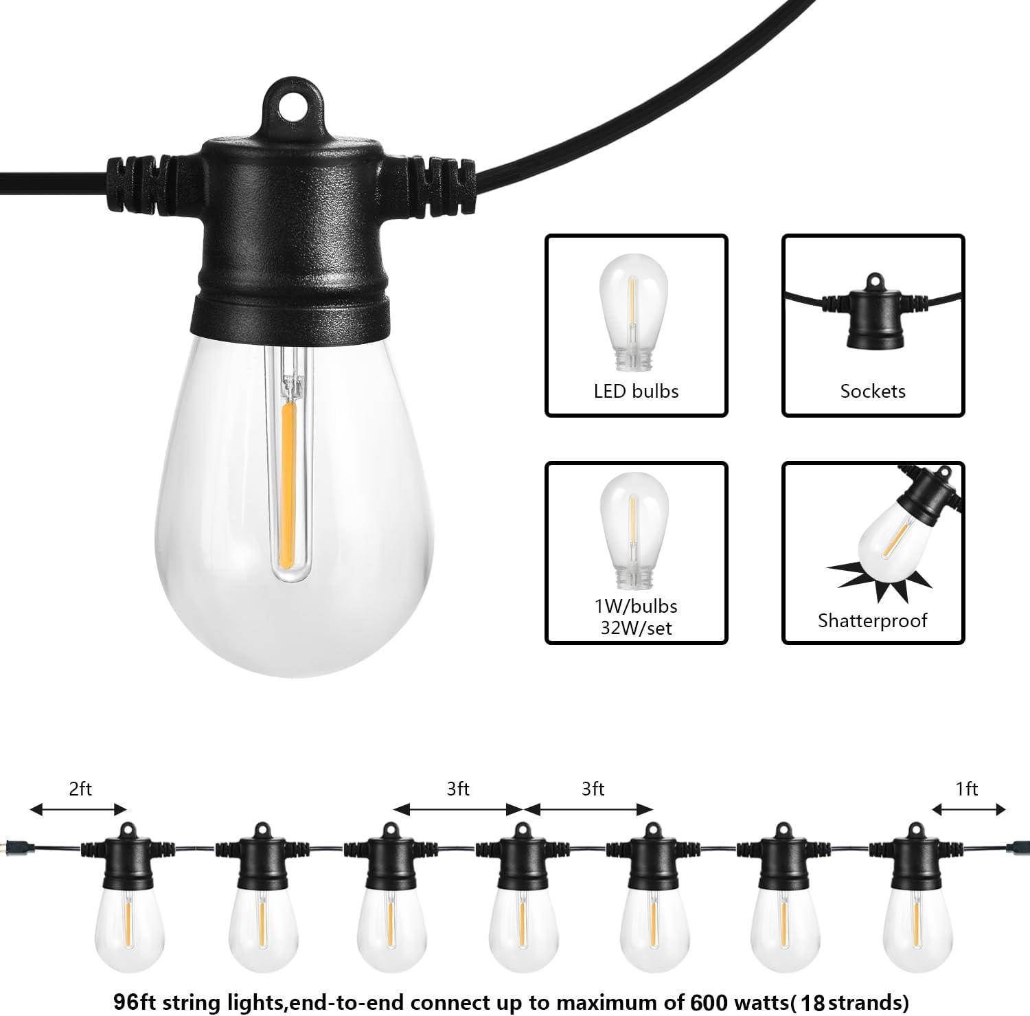 96FT Warm White LED Outdoor String Lights with Shatterproof Bulbs