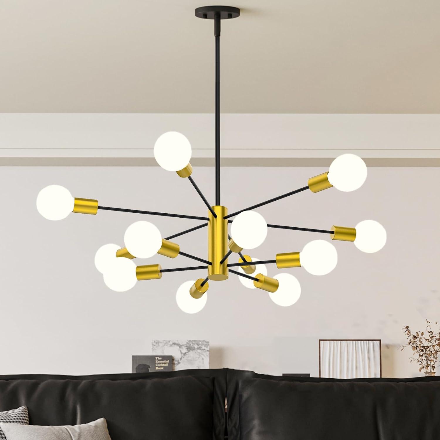 Kaisite  12-Light Modern Sputnik Chandeliers Black & Gold Ceiling Light Fixtures for Dining Room Living Room Bedroom