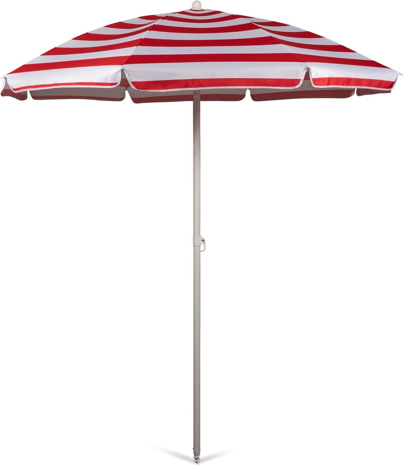 Red and White Striped 5.5 ft Beach Umbrella with Steel Pole