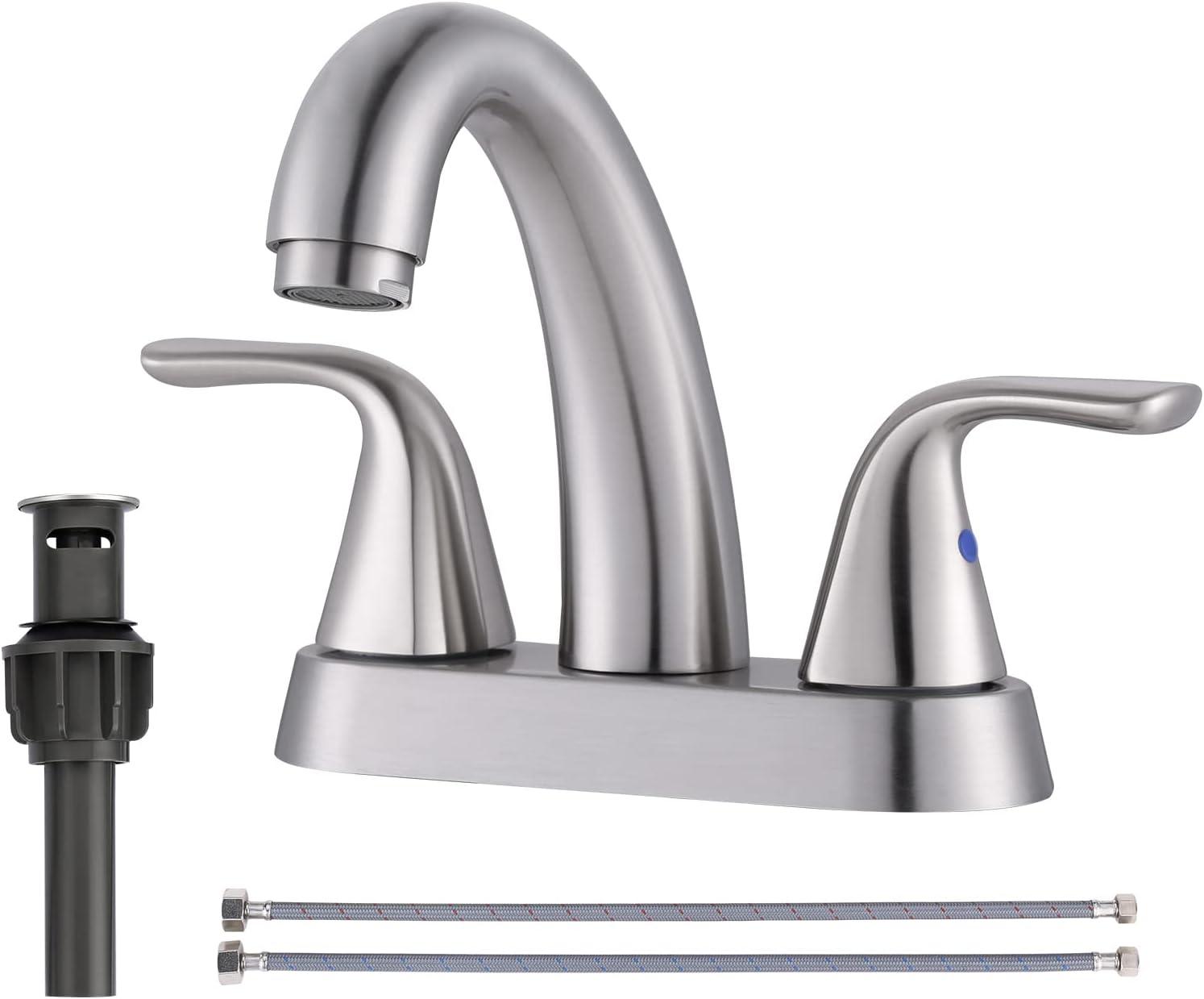 Brushed Nickel Double Handle High Arc Bathroom Faucet with Pop-Up Drain