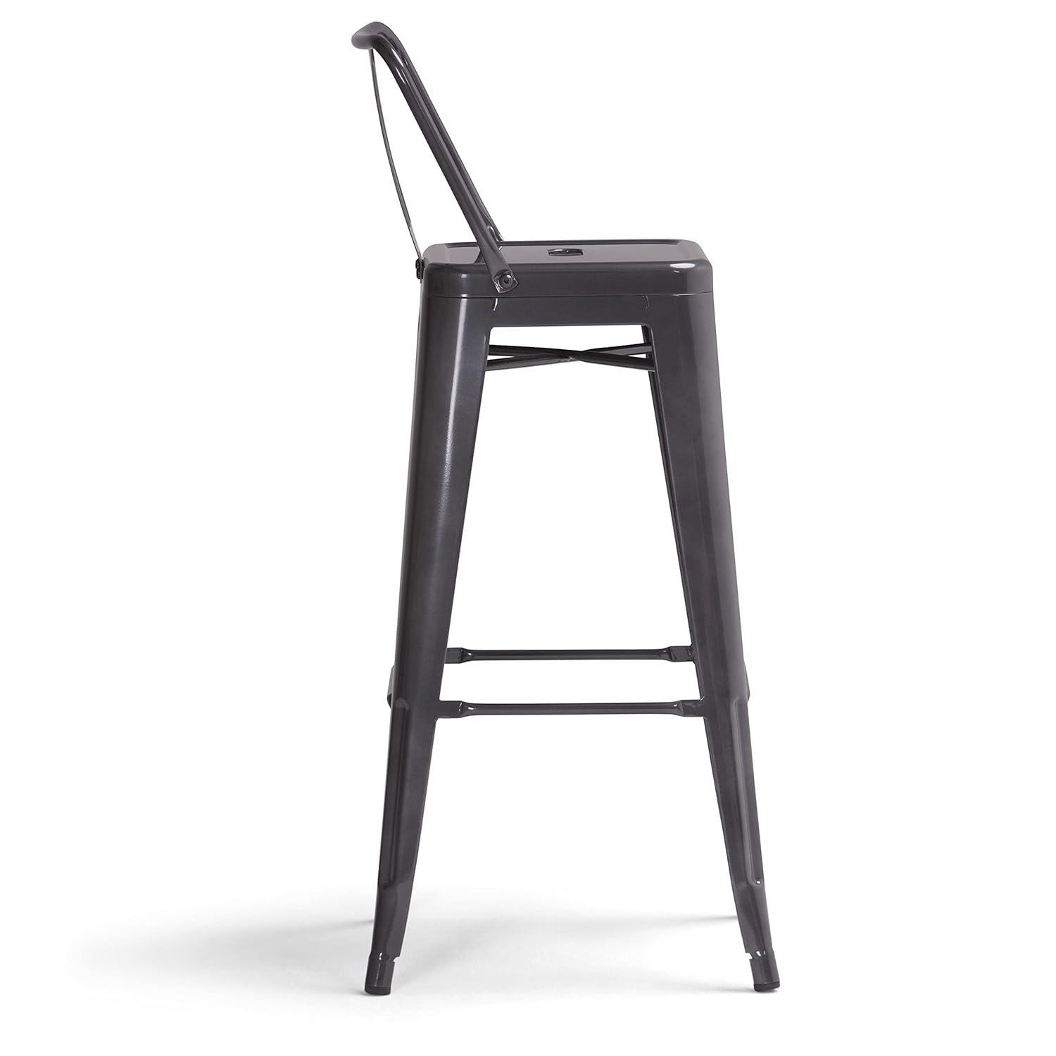 Simpli Home Rayne Metal Industrial Stool with Curved Back, Cross-Brace, and Footrest
