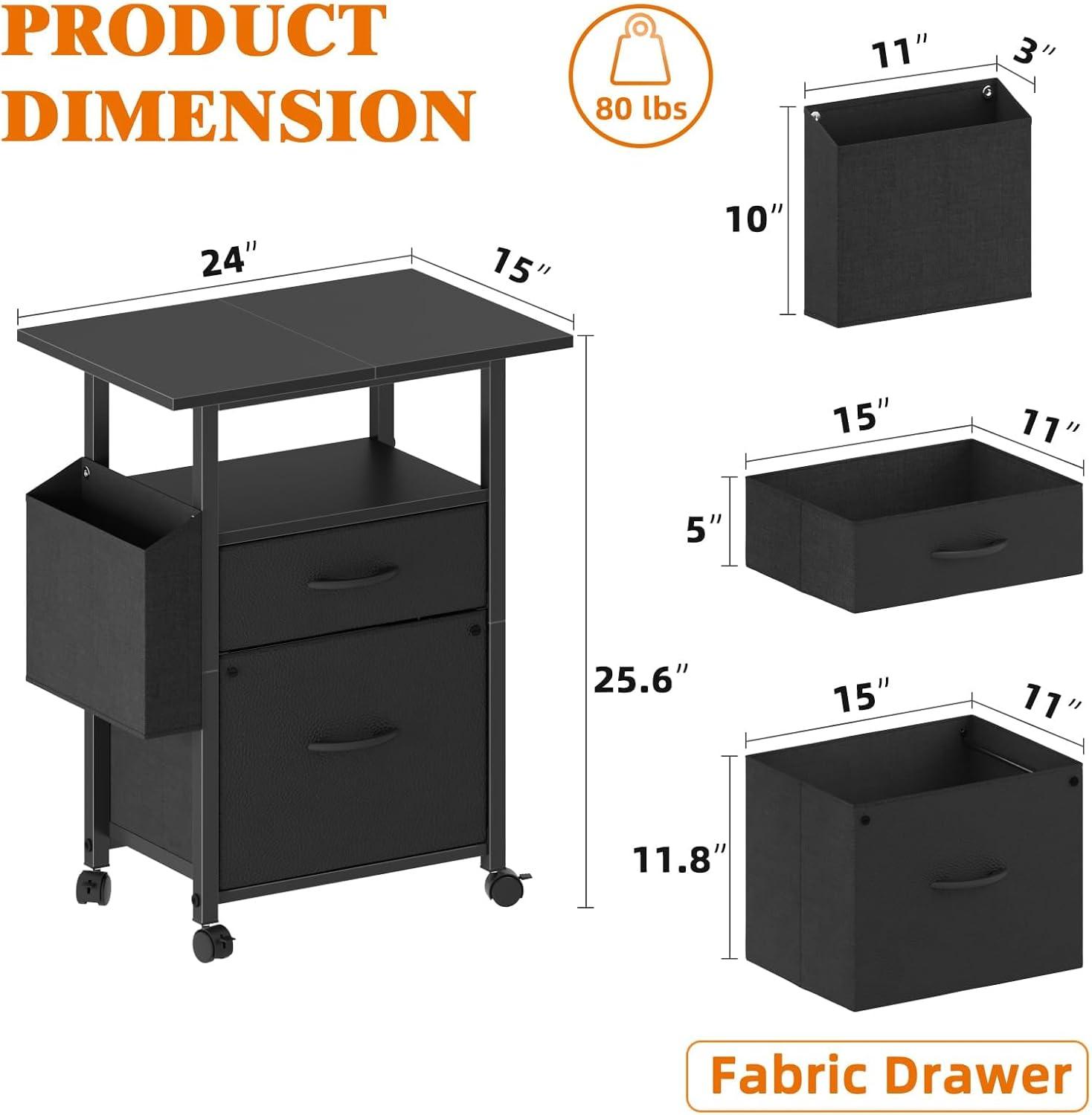 2 Drawer File Cabinet with 24'' Extended Desktop, Mobile Filing Cabinet, Rolling File Cabinet with Side Bag, Fabric Drawer, Fits Size, Home Office, Black