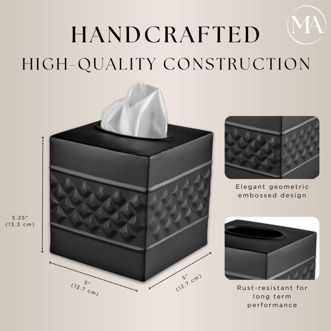 Monarch Abode Tissue Box Cover, Hand Hammered, Metal, Square Tissue Box Holder, Black