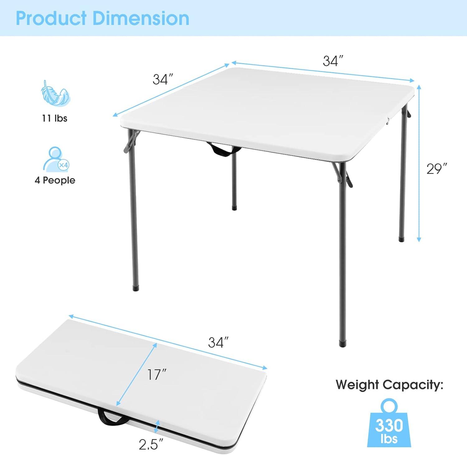 34" Square Folding Card Table, Foldable Plastic Folding Tables, Portable Fold Up Table w/Handle, White Indoor Outdoor Utility Bi-Folding Commercial Table for Picnic, Party, Dining, Camping, BBQ