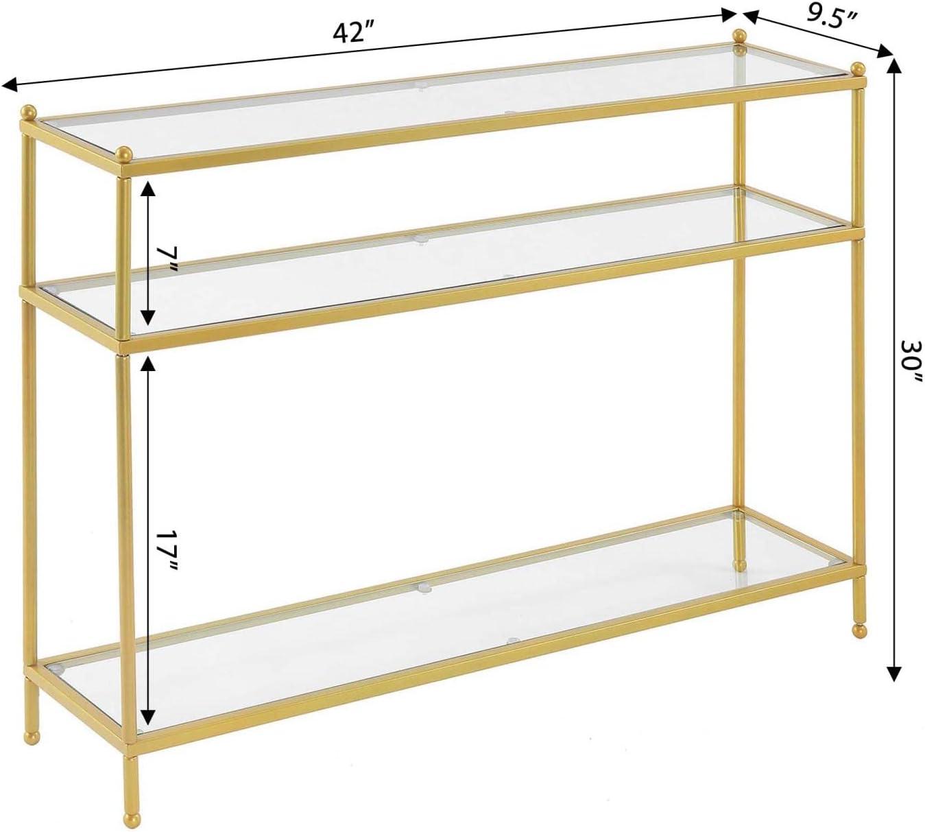 Elegant Gold Metal & Clear Glass 3-Tier Console Table with Storage