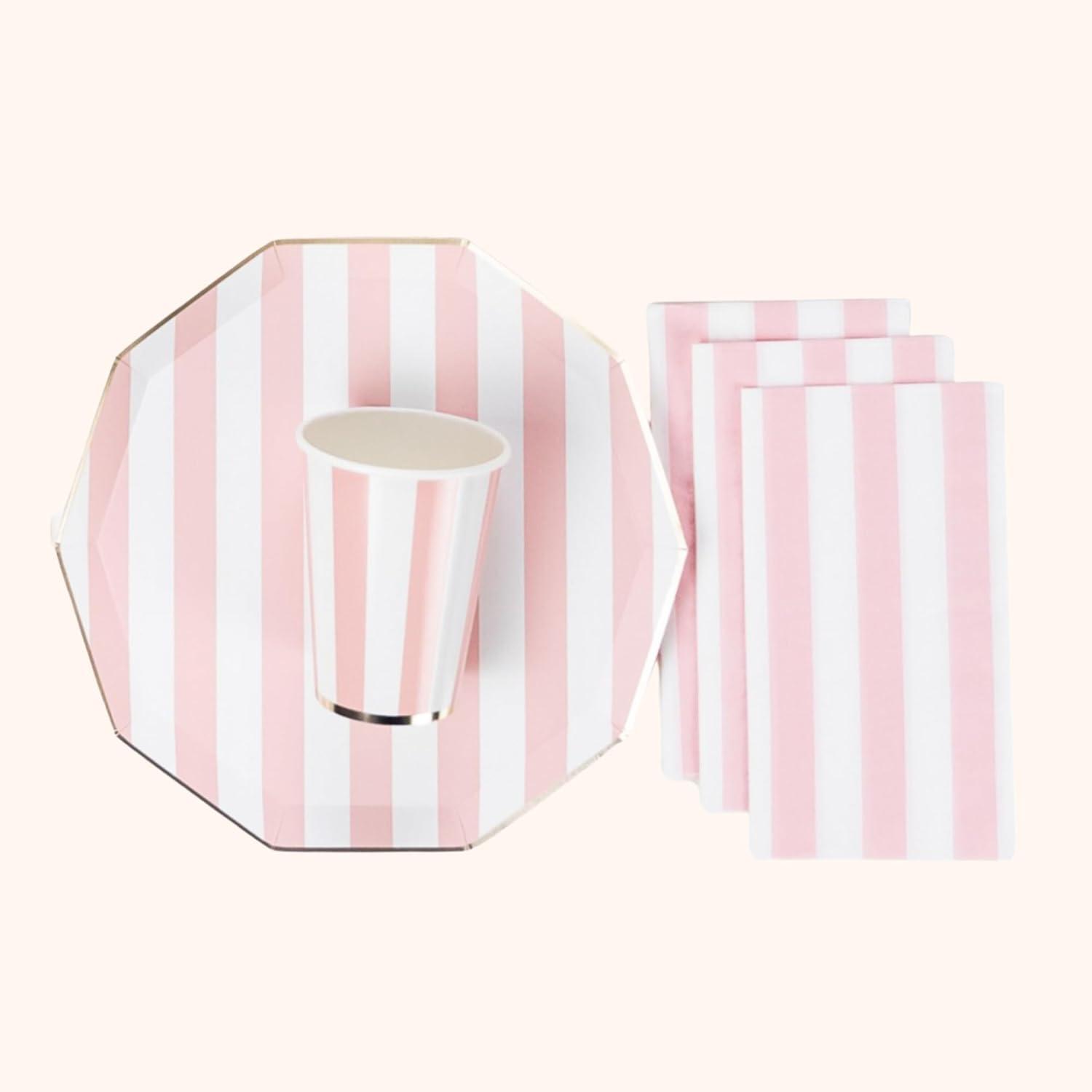 Bonjour Fête Pink Cabana Stripe Paper Party Cups | Disposable Cups for Valentine's Day, Baby Showers, Barbie Parties & Birthday Decorations | Premium 12oz Party Supplies | Pack of 8