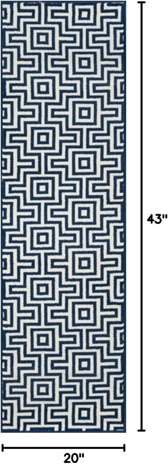 Navy and White Geometric Synthetic Indoor/Outdoor Rug