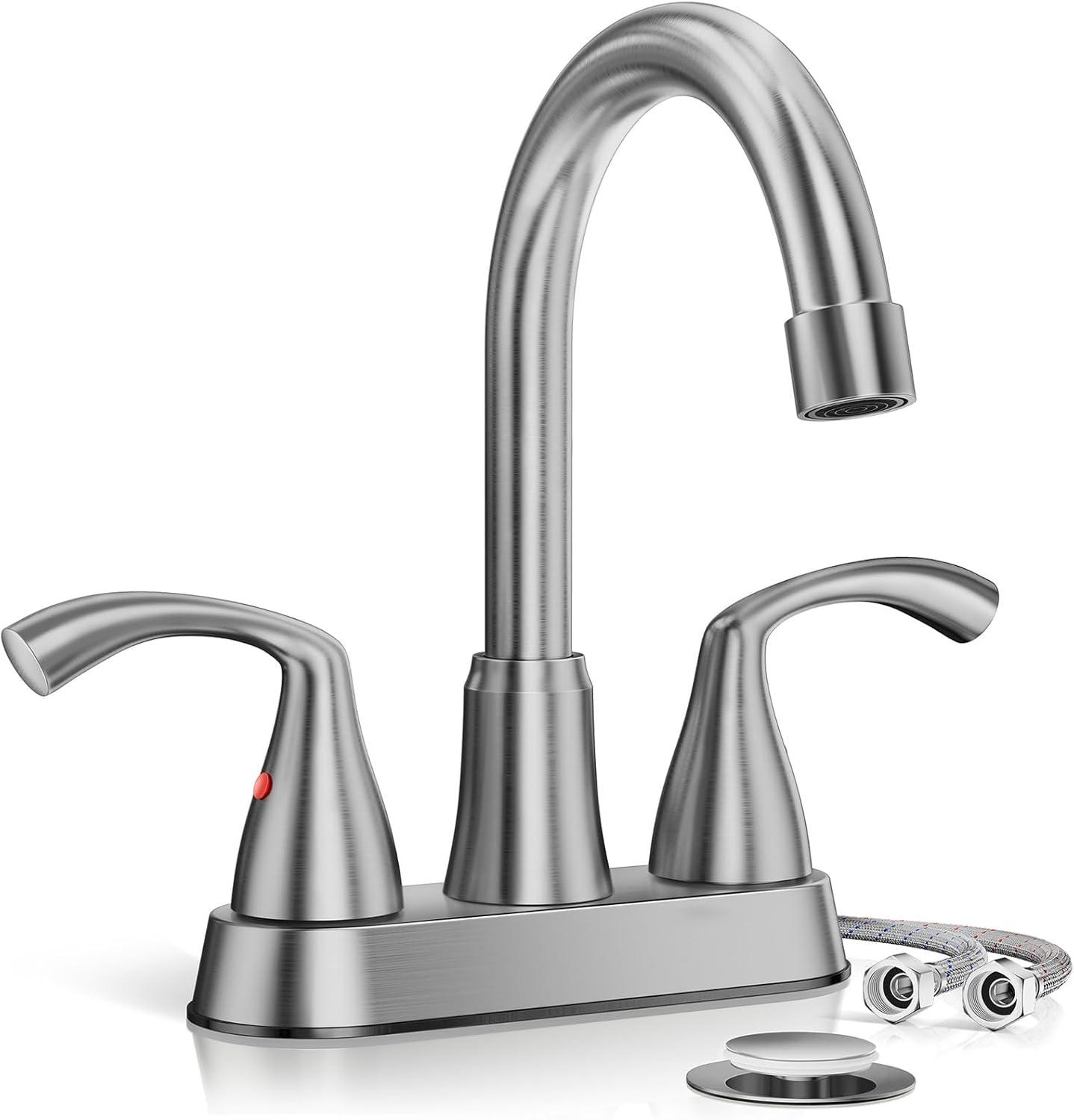Phiestina Centerset 4 Inch 2 or 3 Holes Brushed Nickel Bathroom Faucet, Vanity Sink Faucet with 360 Swivel Spout, Metal Pop-up Drain and Water Supply Lines, JC180-BN