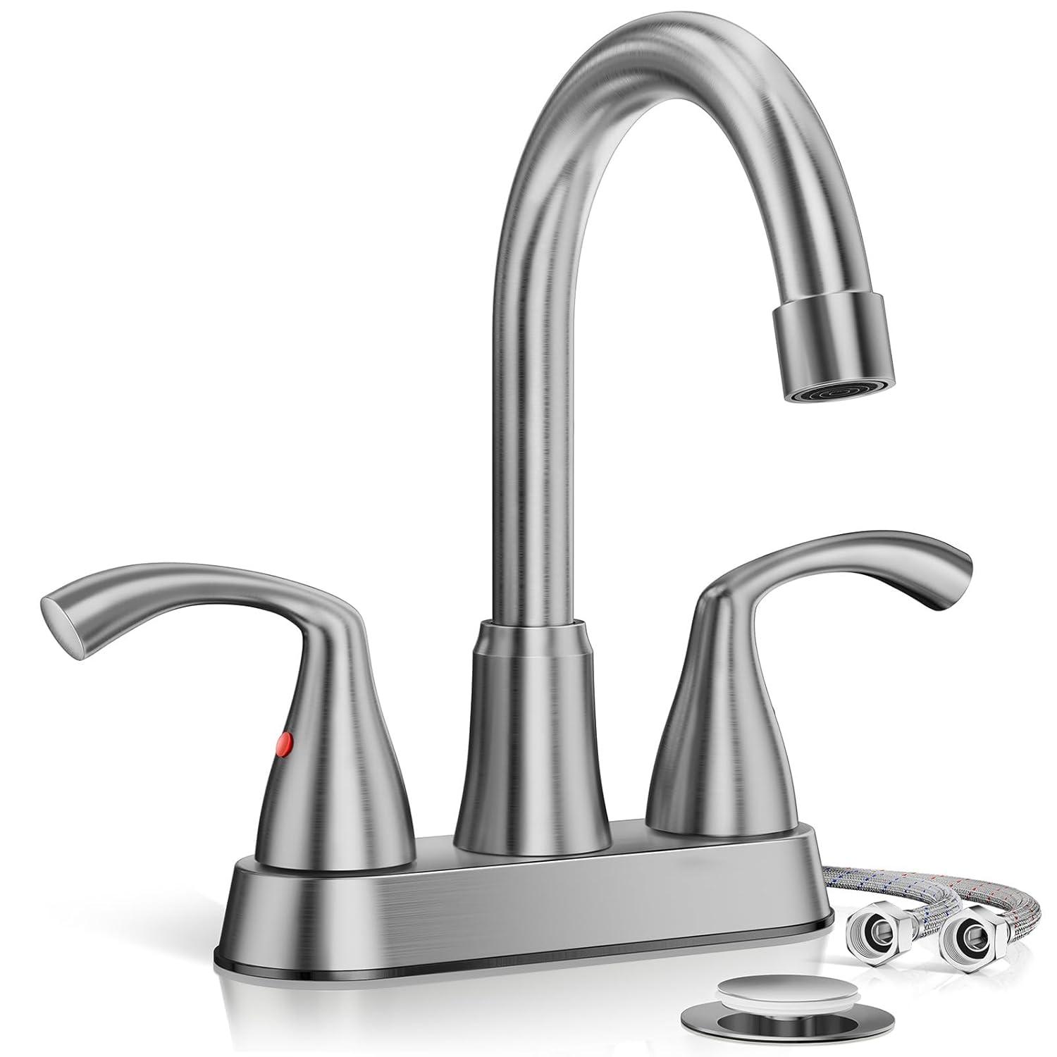 Phiestina Centerset 4 Inch 2 or 3 Holes Brushed Nickel Bathroom Faucet, Vanity Sink Faucet with 360 Swivel Spout, Metal Pop-up Drain and Water Supply Lines, JC180-BN