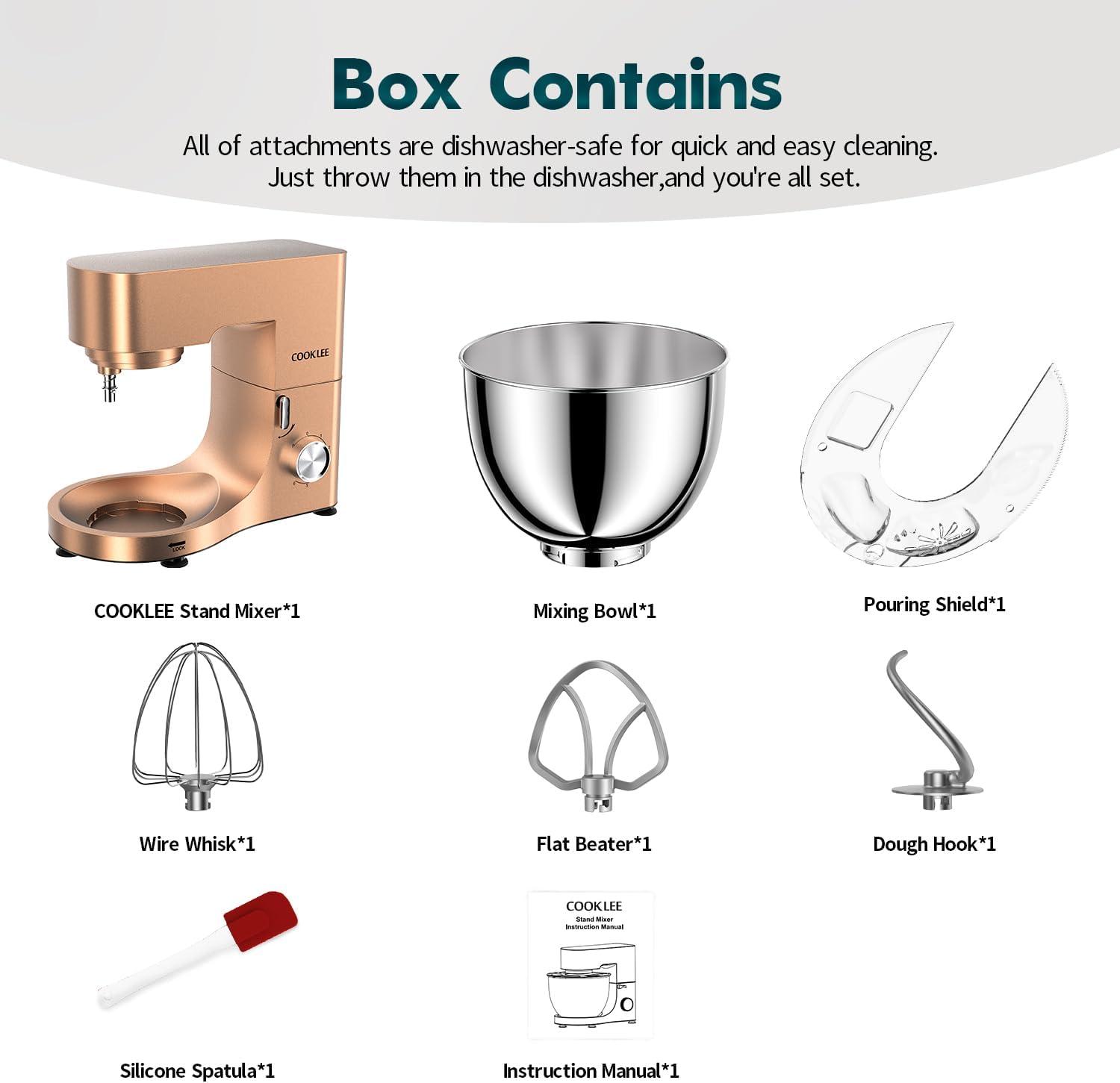 COOKLEE Stand Mixer, 9.5 Qt. 660W 10-Speed Electric Kitchen Mixer with Dishwasher-Safe Dough Hooks, Flat Beaters, Wire Whip & Pouring Shield Attachments for Most Home Cooks, Champagne