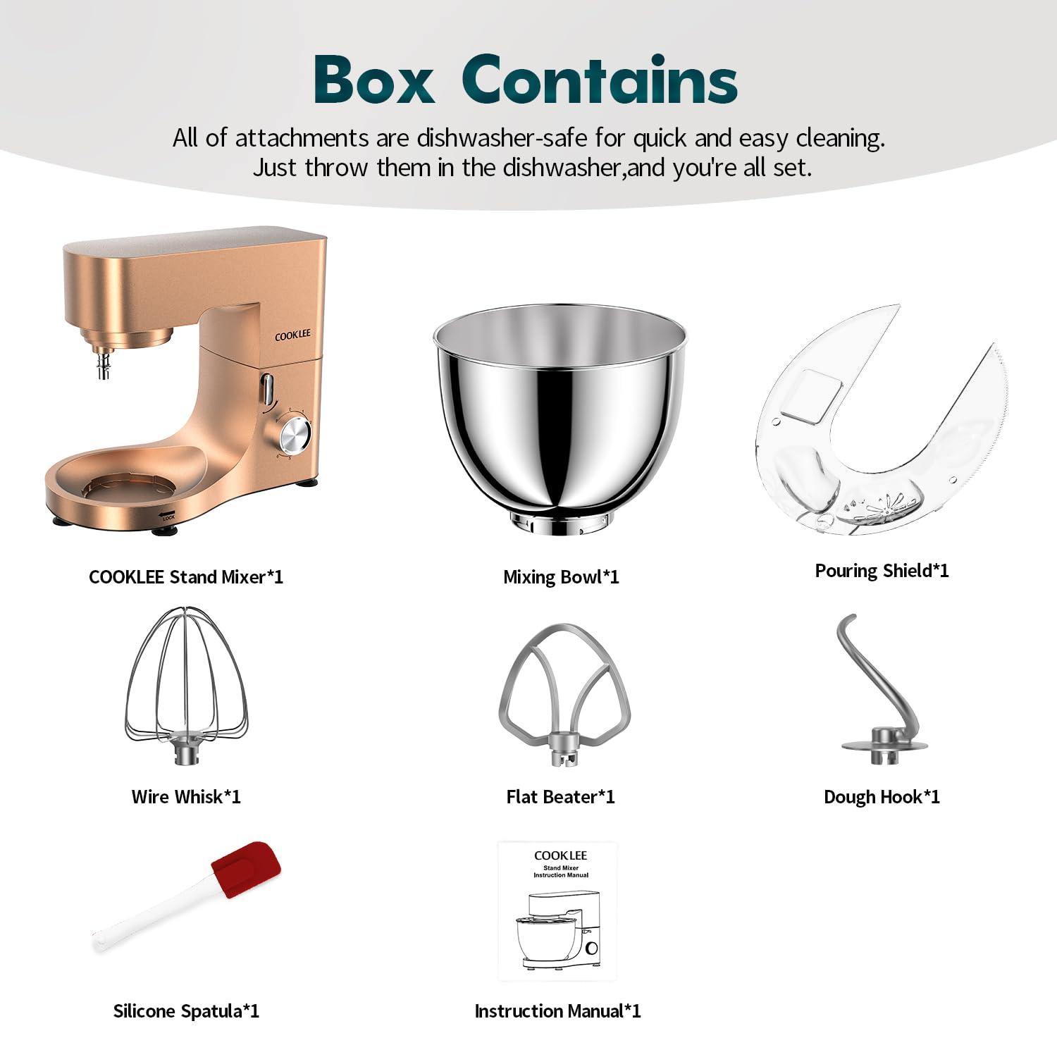 COOKLEE Stand Mixer, 9.5 Qt. 660W 10-Speed Electric Kitchen Mixer with Dishwasher-Safe Dough Hooks, Flat Beaters, Wire Whip & Pouring Shield Attachments for Most Home Cooks, Champagne