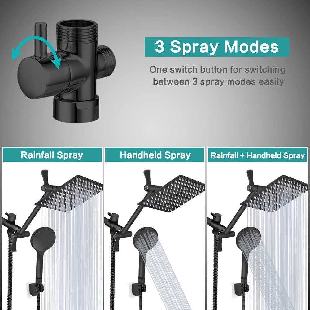 Matte Black 8-Inch Square Rain Shower Head Combo with Handheld