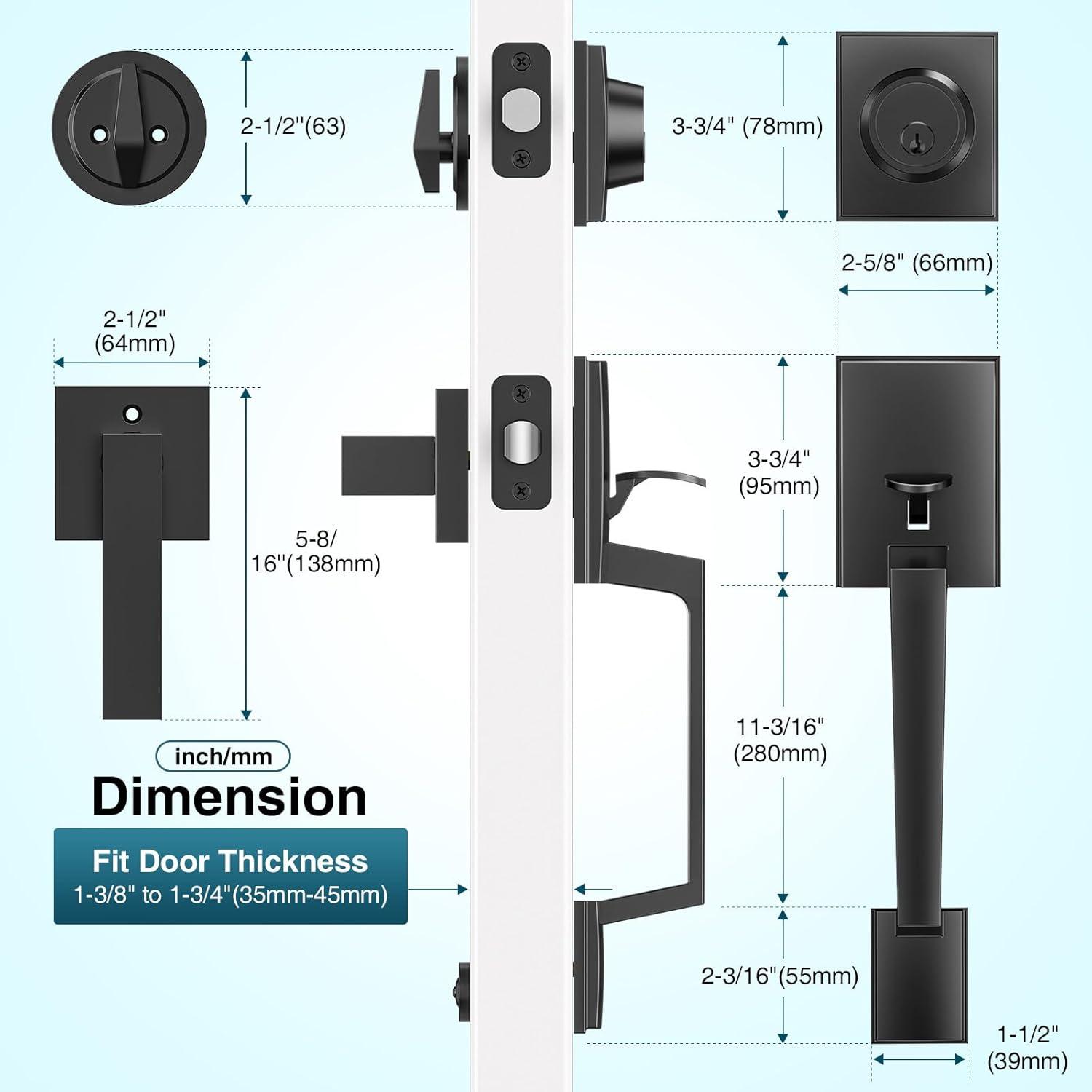 Front Door Lock Handle and Deadbolt Set,Exterior Door Handle with Door Lever,Modern Front Door Lock Set,Adjustable Deadbolt with Single Cylinder,Reversible for Right&Left