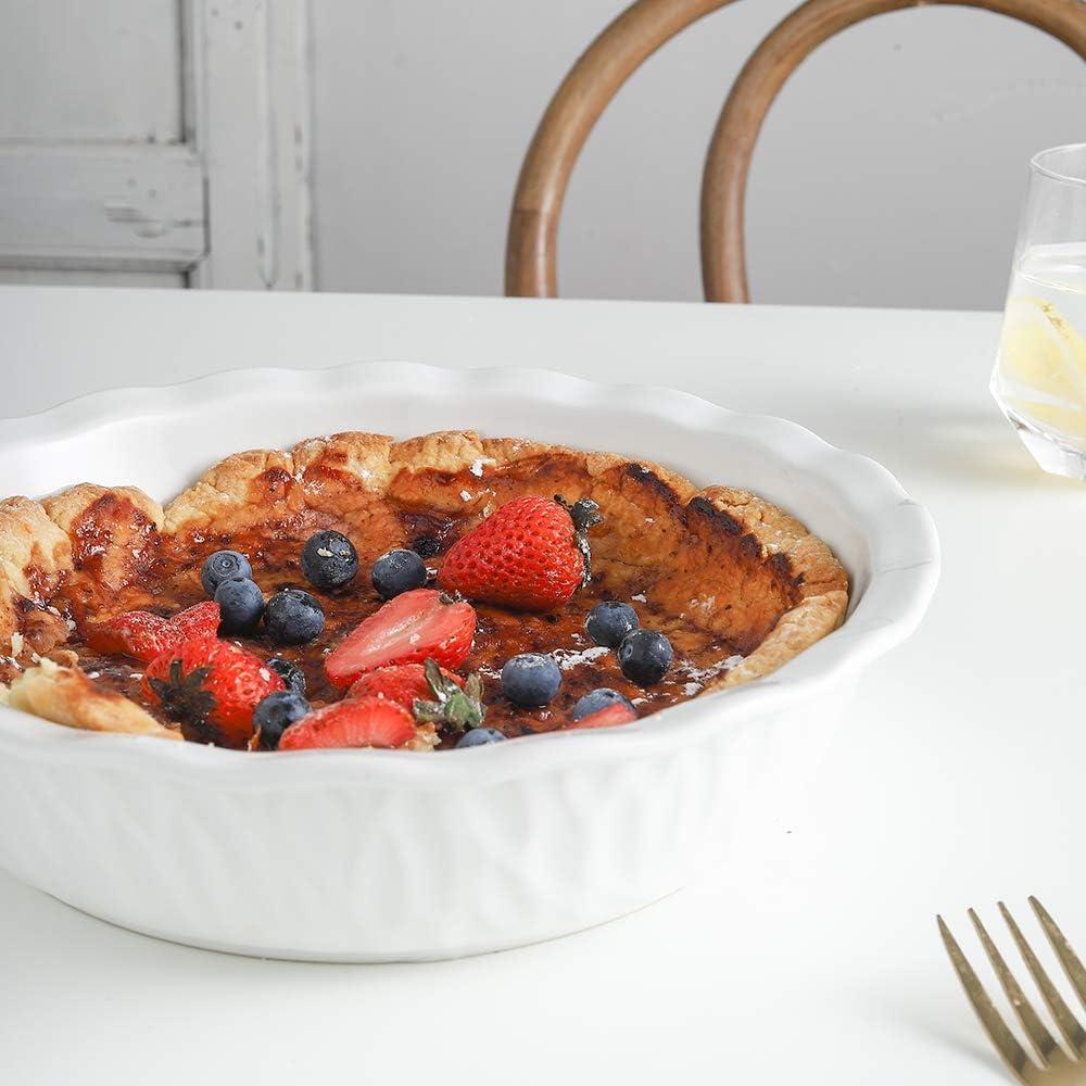 KOOV Ceramic Pie Pan, 10 Inches Pie Dish, Pie Plate for Dessert Kitchen, Round Baking Dish Pan for Dinner, Texture Series (White)