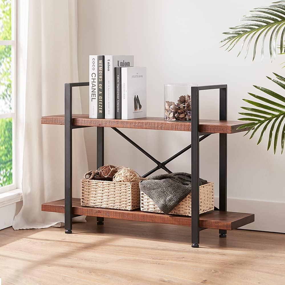 Distressed Brown 2-Tier Industrial Wood and Metal Bookshelf