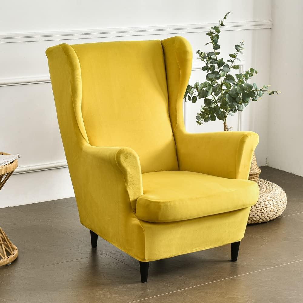 Yellow Velvet Stretch Wingback Chair Slipcover