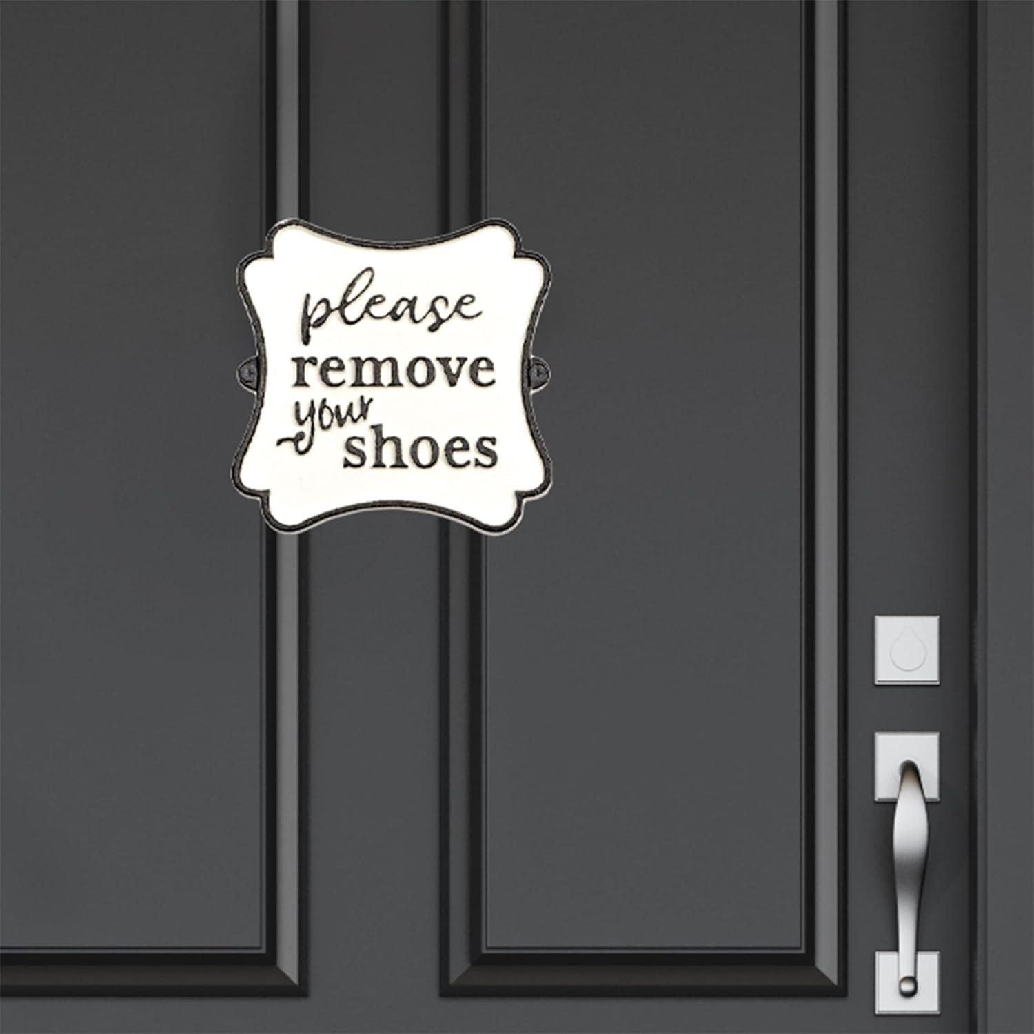 AuldHome Cast Iron Sign: Please Remove Your Shoes; Farmhouse Metal Plaque in Black and White 6.5 inches x 6.5 inches; Includes Mounting Hardware