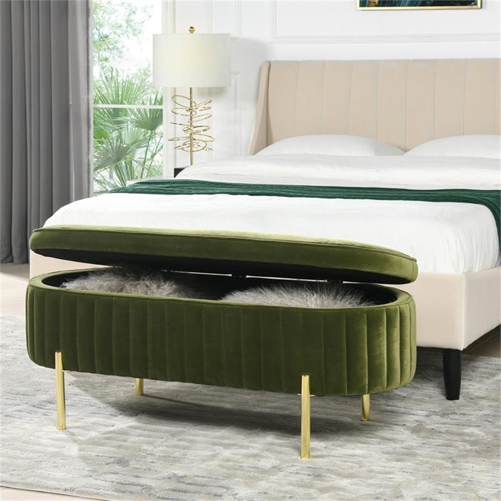 Olive Green Velvet Storage Bench with Gold Legs