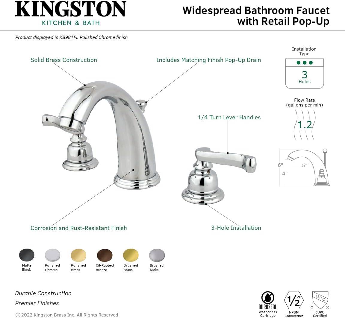 Kingston Brass Royale Two-Handle 3-Hole Deck Mount Widespread Bathroom Faucet with Retail Pop-Up Drain