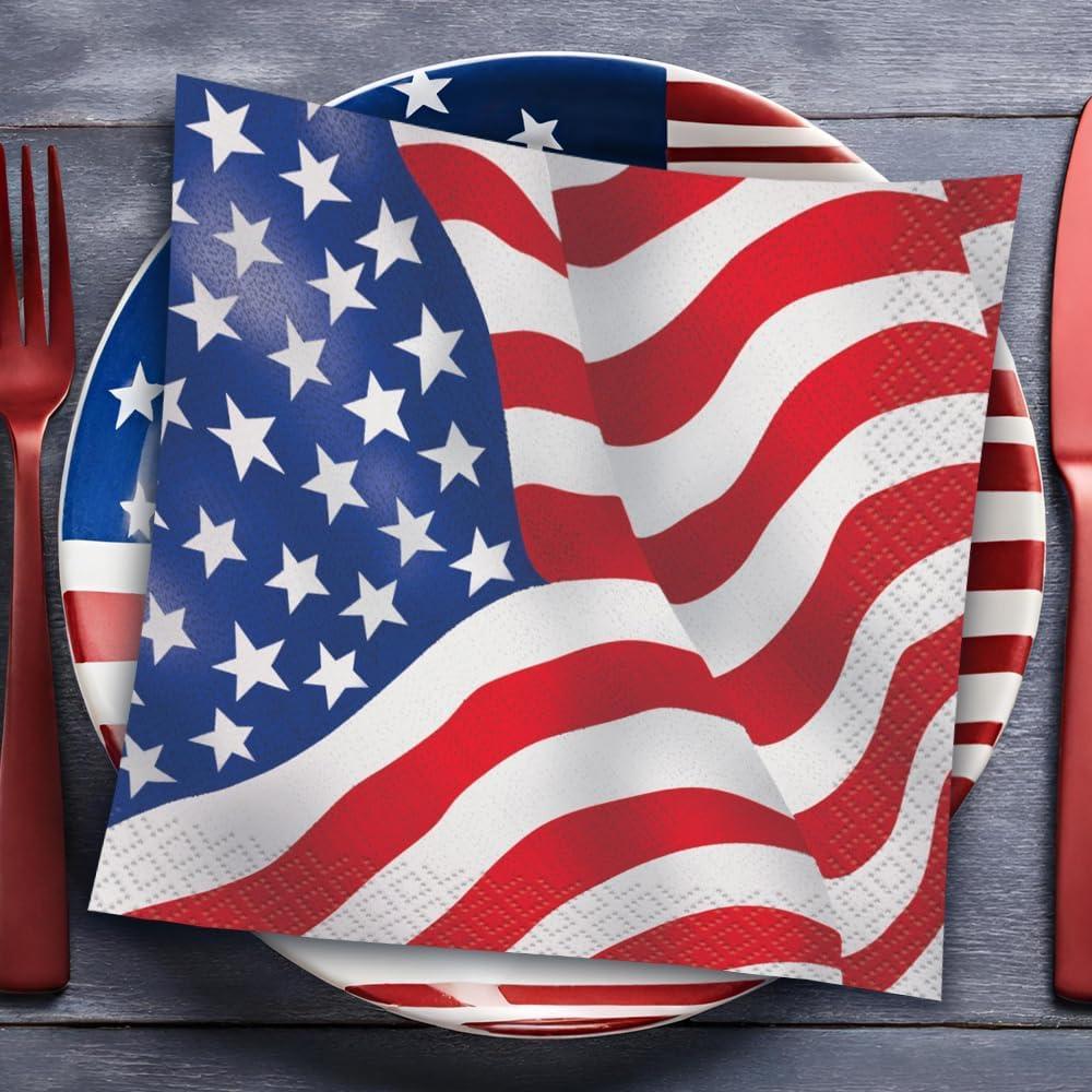 US American Flag Paper Beverage Napkins, 5in, 16ct