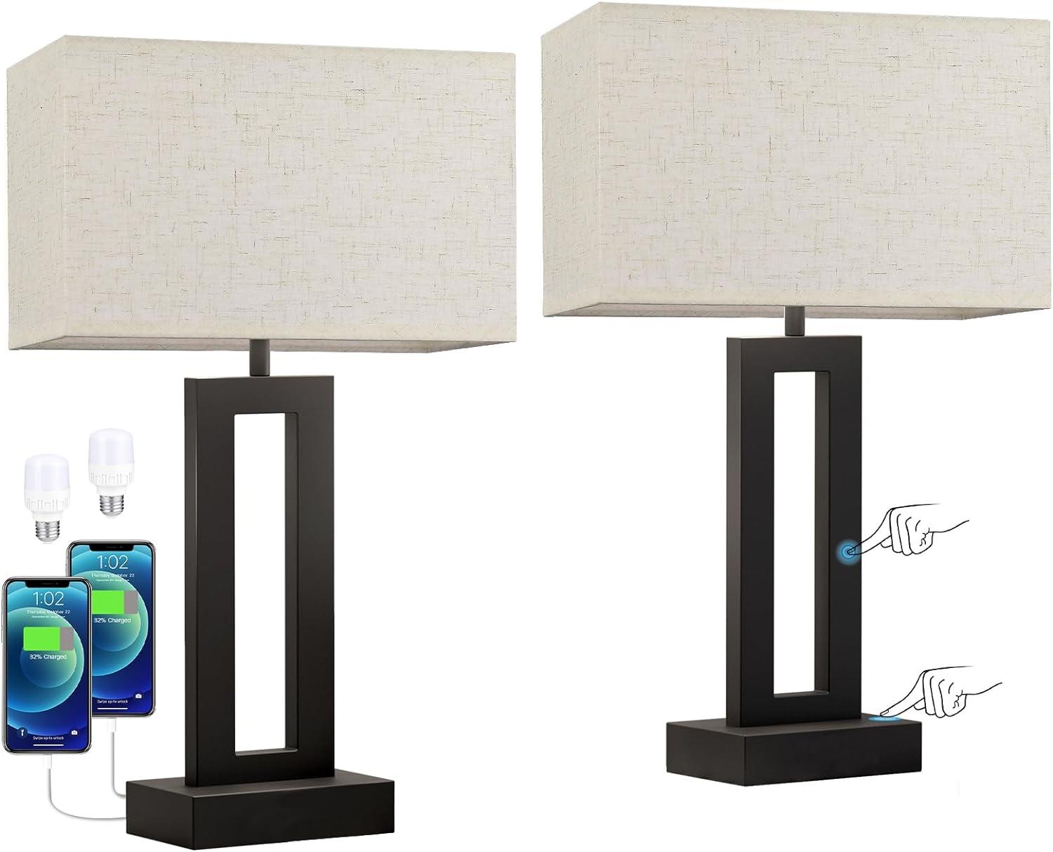 Nightstand Table Lamps for Bedrooms Set of 2 - Touch Bedside Lamp with USB C+A, 3 Way Dimmable Living Room Lamps for End Tables Set of 2, Modern Night Stand Lamps for Bed Side Guest Room(Cream)