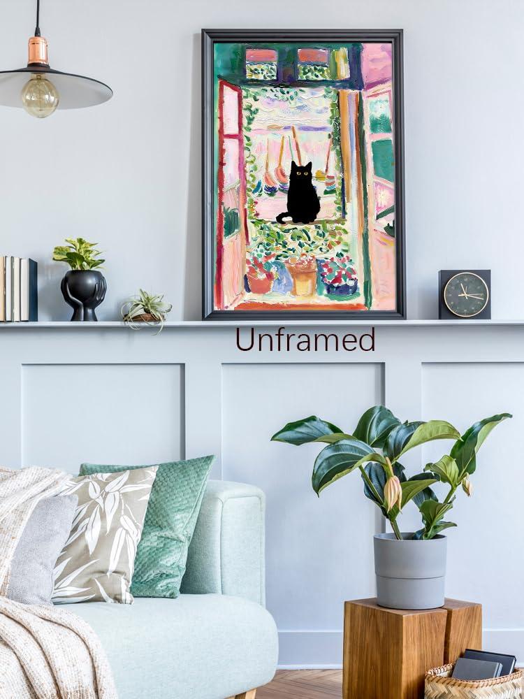 Henri Matisse Oil Paintings on Canvas Wall Art Matisse Famous Open Window Black Cat Poster Funny Cat Floral Print Colorful Farmhouse Gallery Aesthetic Room Decor for Bedroom Bathroom 12x16in Unframed