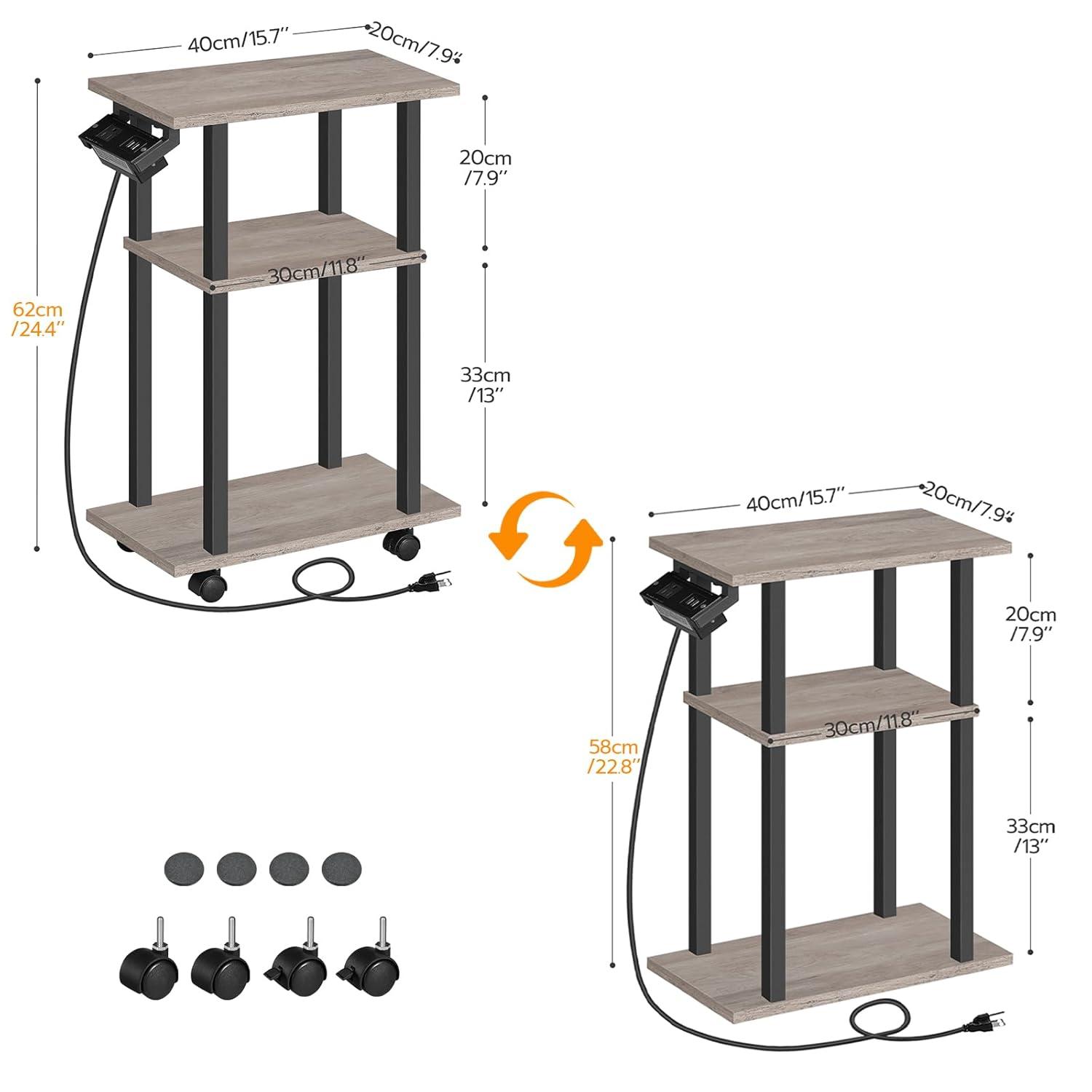 HOOBRO Small Narrow Side Table with Charging Station, Skinny End Table for Small Spaces, Slim Nightstand with USB Ports and Outlet, Sofa Beside Table on Wheels for Living Room BF122UBZ01