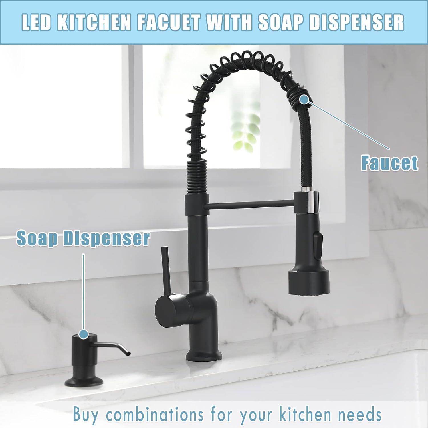 Matte Black LED Kitchen Faucet with Pull Down Sprayer and Soap Dispenser