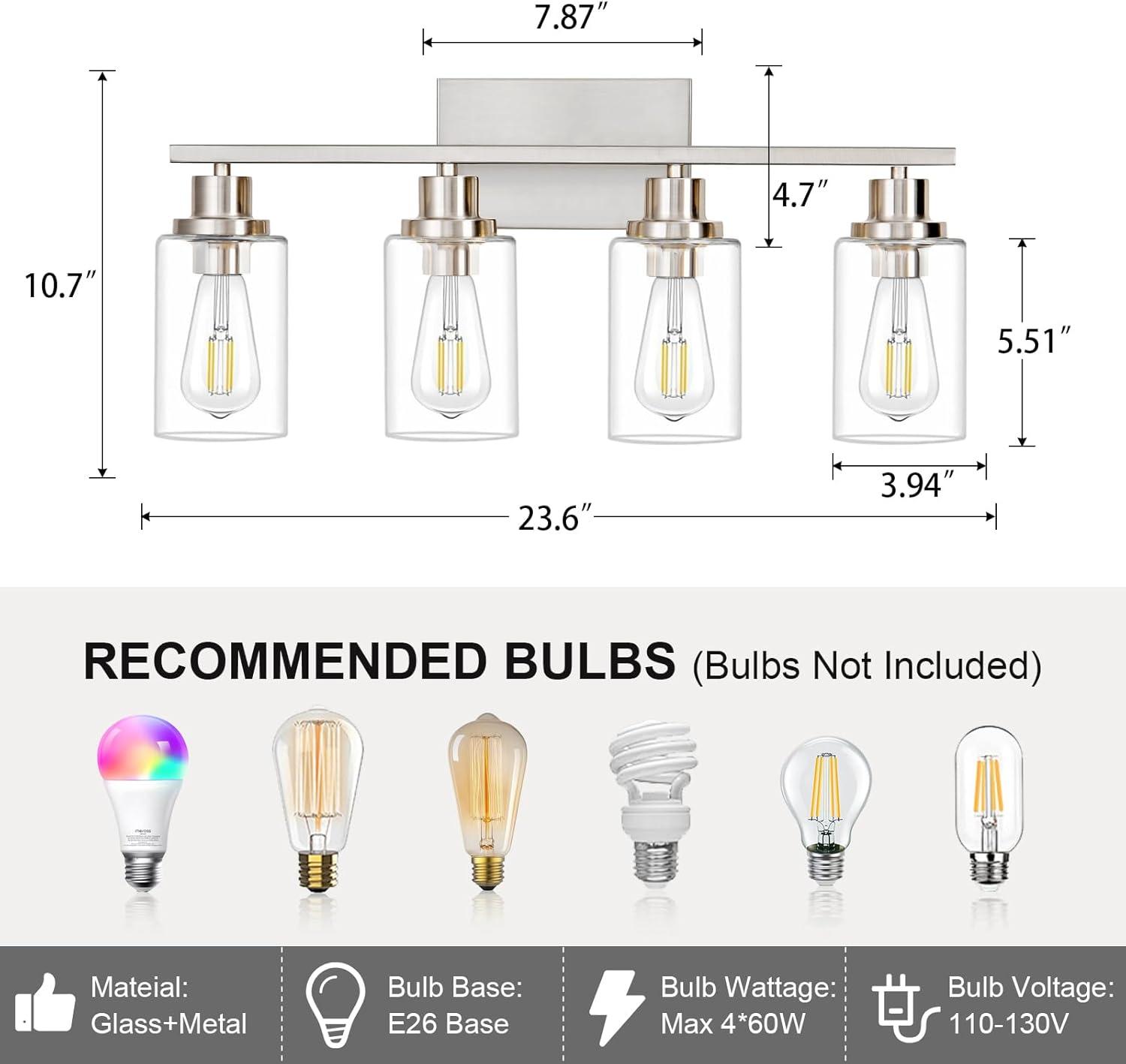 Brushed Nickel 4-Light Bathroom Vanity Fixture with Clear Glass Shades