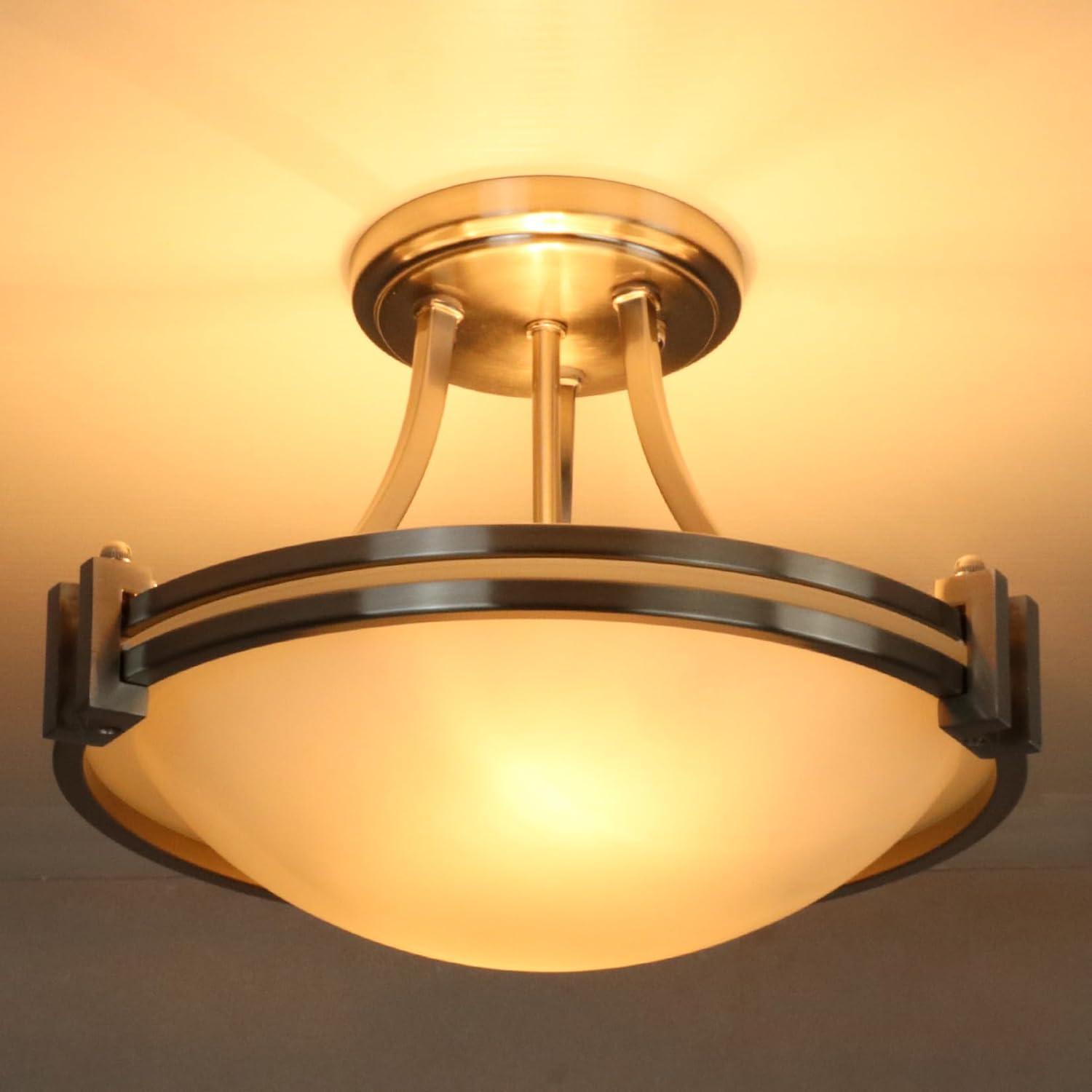 Brushed Nickel Semi Flush Mount Light 2-Light Milk Glass Ceiling Light Round Shape