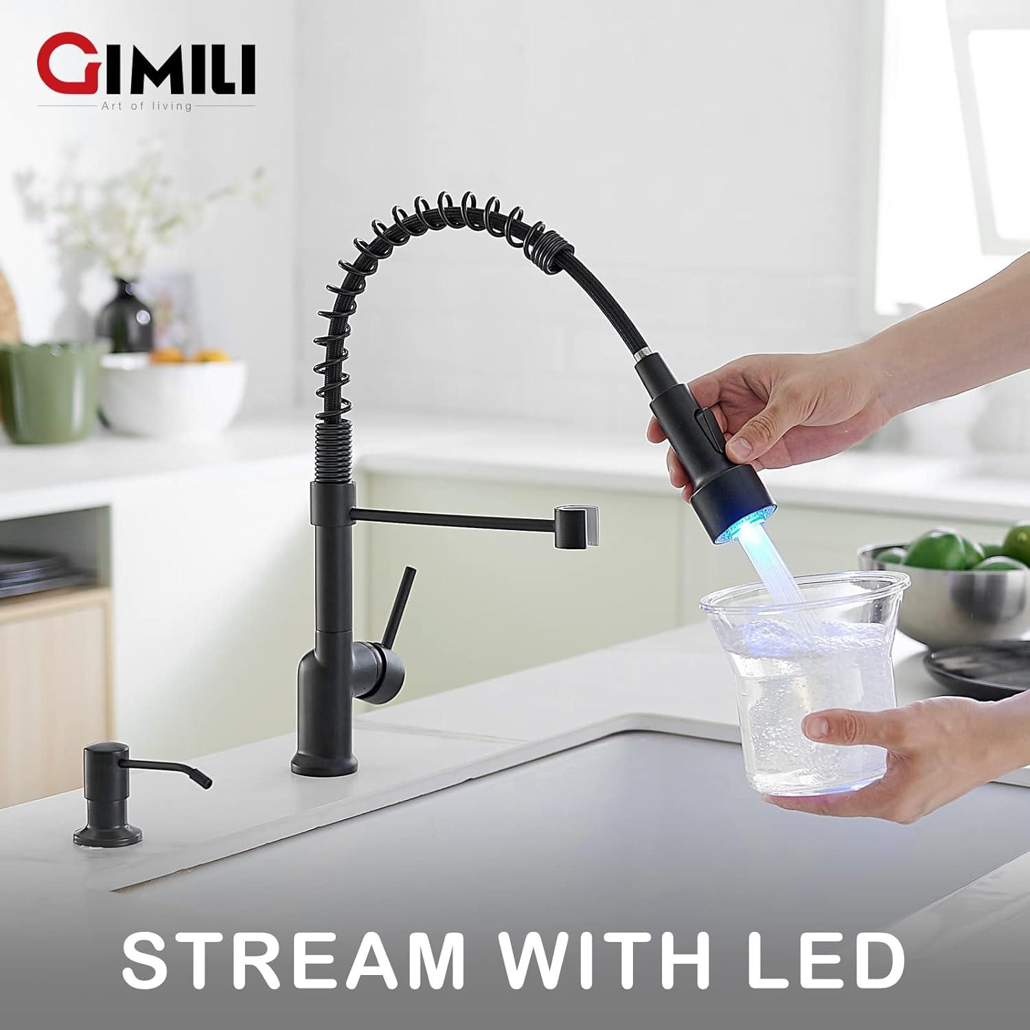 Matte Black LED Kitchen Faucet with Pull Down Sprayer and Soap Dispenser