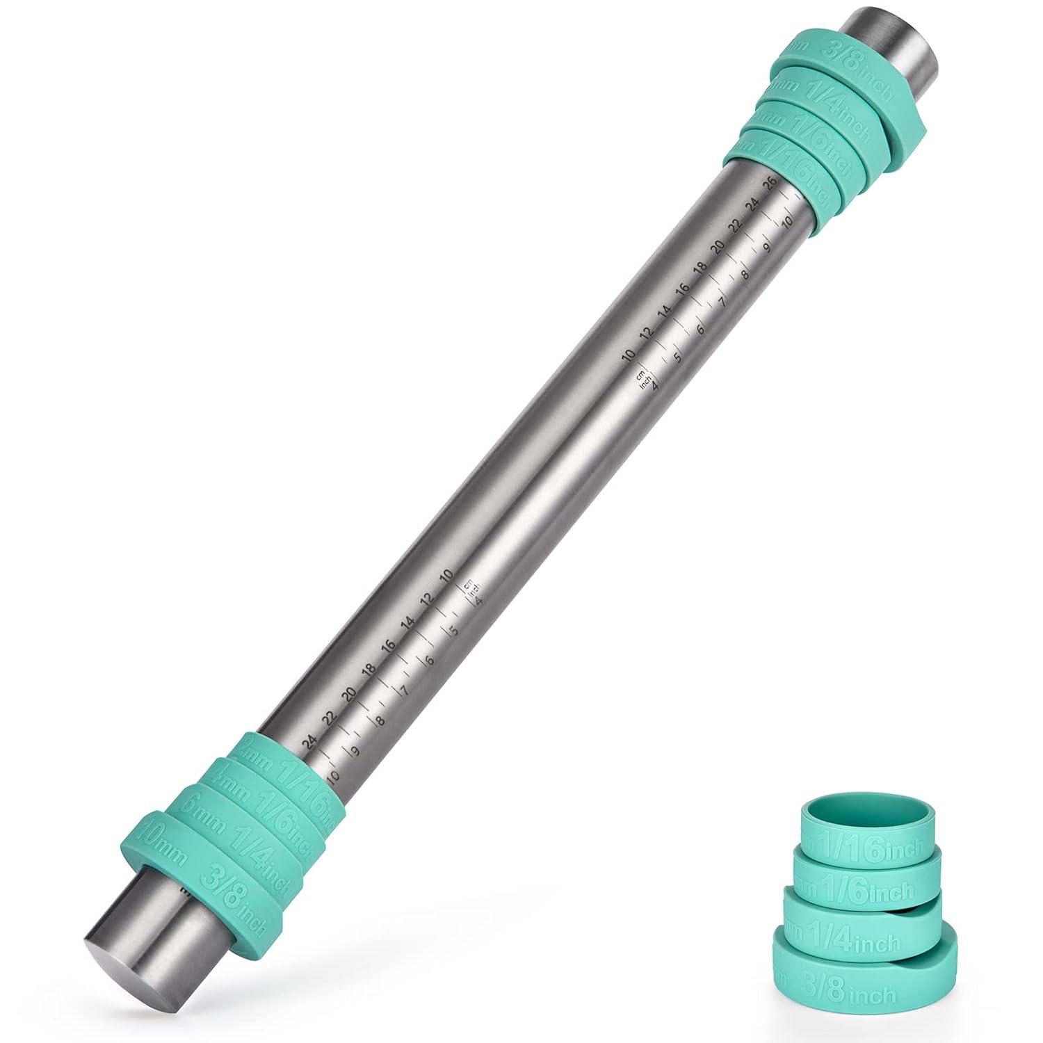 U-Taste Adjustable 18/8 Stainless Steel 16 inch Rolling Pin with Silicone Removable Rings (Teal/Aqua Sky)